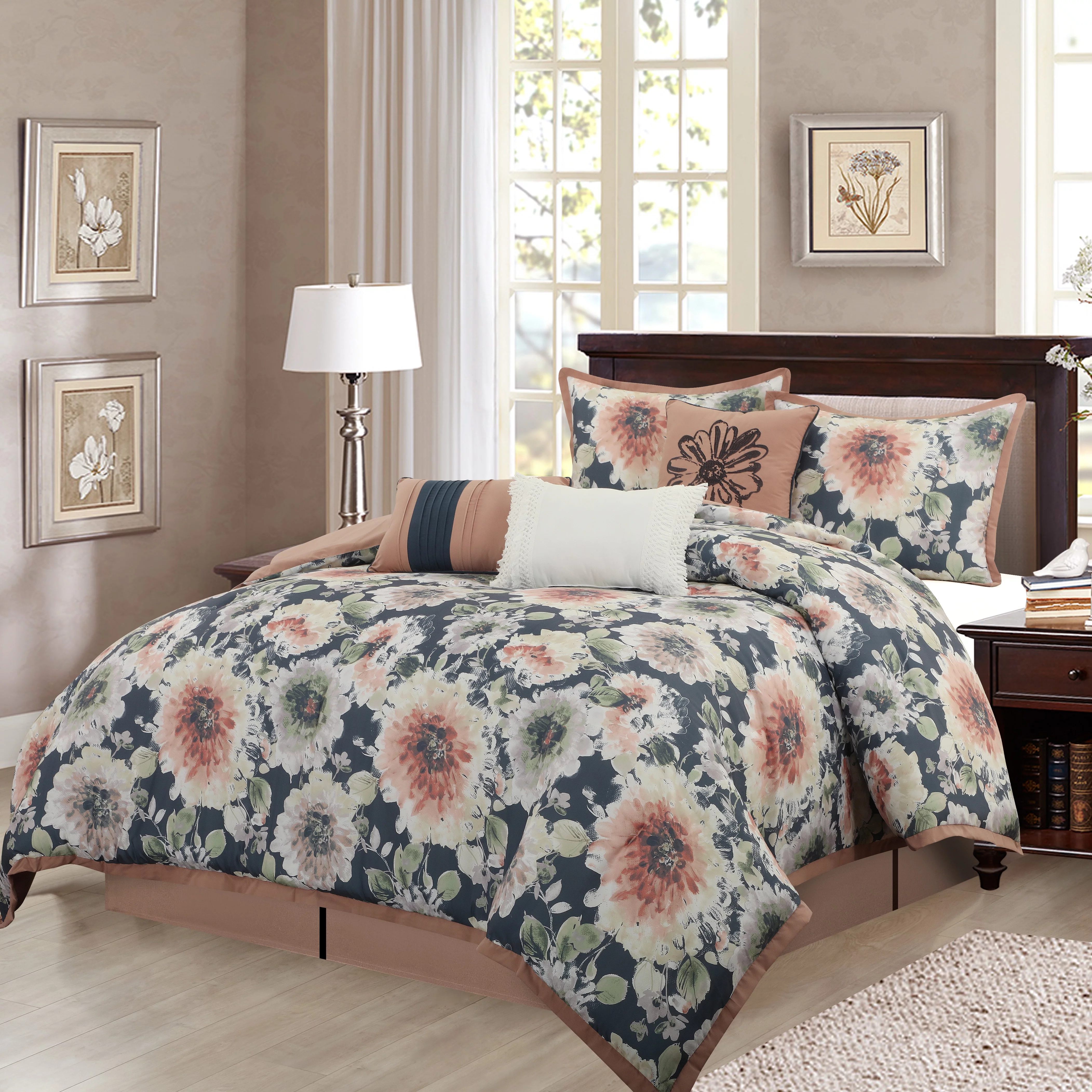 Nanshing Millie 7 Piece Floral Shabby Chic Comforter Set, California King, Navy/Blush