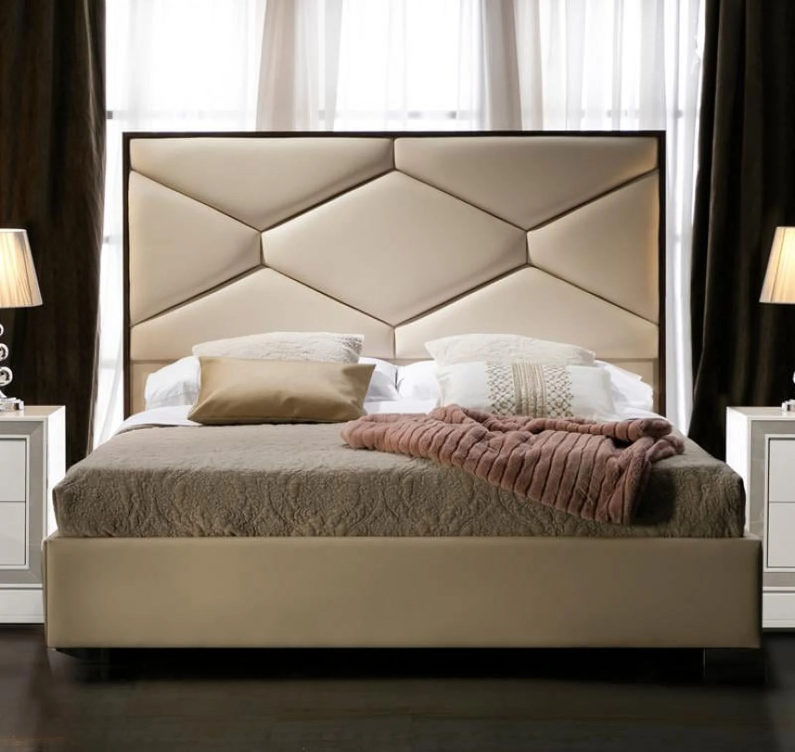 Beige Premium Eco Leather Upholstery King Size Bed Made in Spain ESF Martina