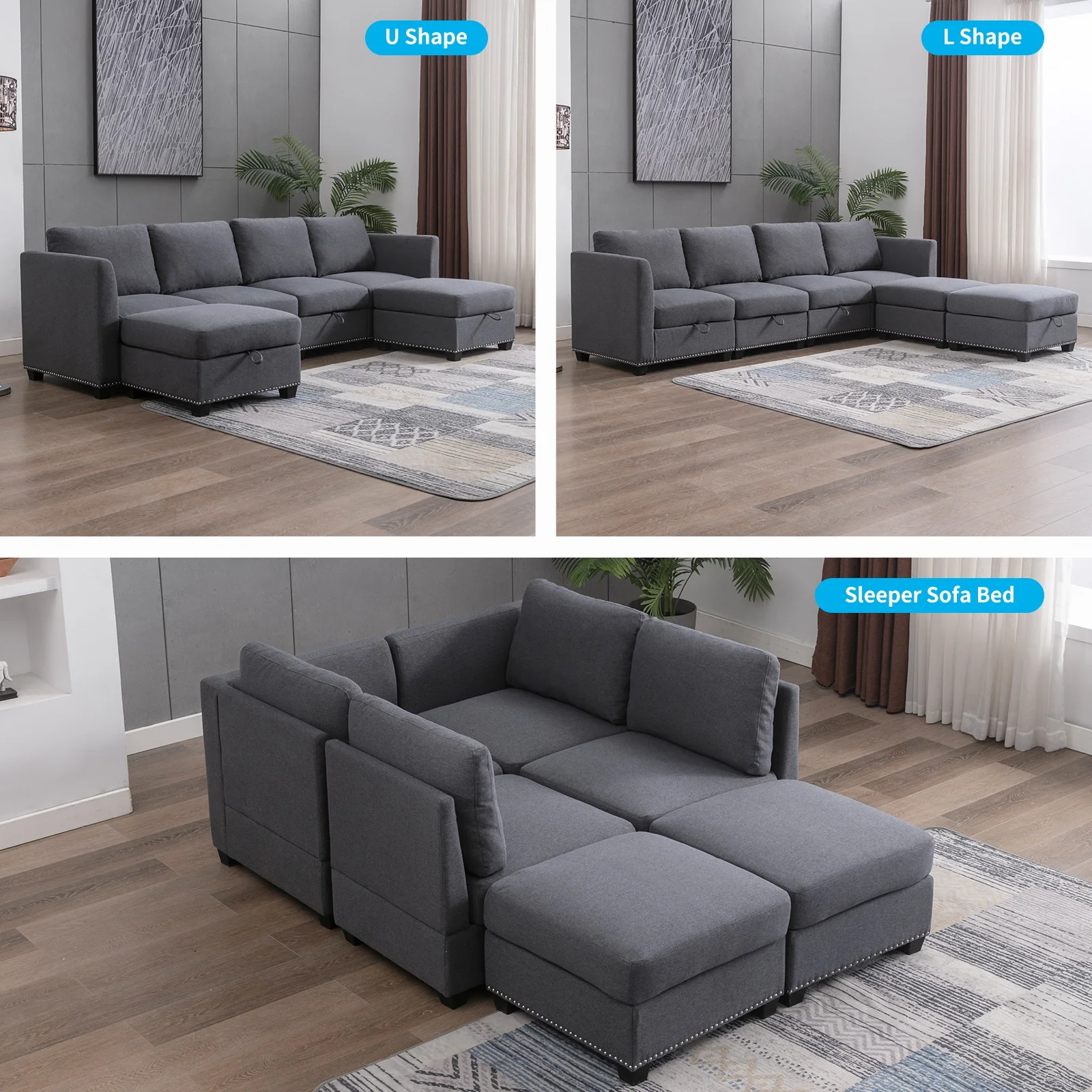 Puremind 6PCS Modular Sectional Sofa with Ottomans, Convertible U-Shaped Couch with Storage Large Space, 6 Seaters Oversized Sleeper Sectional Couch Furniture Sets for Living Room/Office,Dark Grey