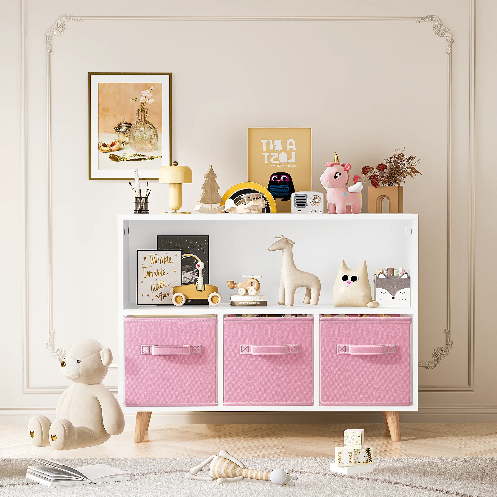 AWQM Kids Bookcase with 3 Drawers, Toy Storage Organizer, Multi-Functional Kids Bookshelf for Nursery, Playroom and Bedroom, White+Pink