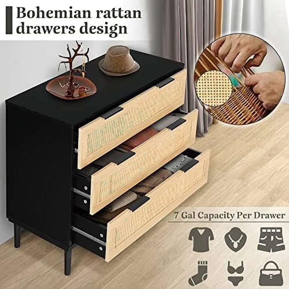 HOOMHIBIU 3 Drawer Dresser for Bedroom Rattan Dresser Modern Closet Dressers Chest of Drawers Wood White 3 Drawer Chest for Bedroom Hallway Living Room