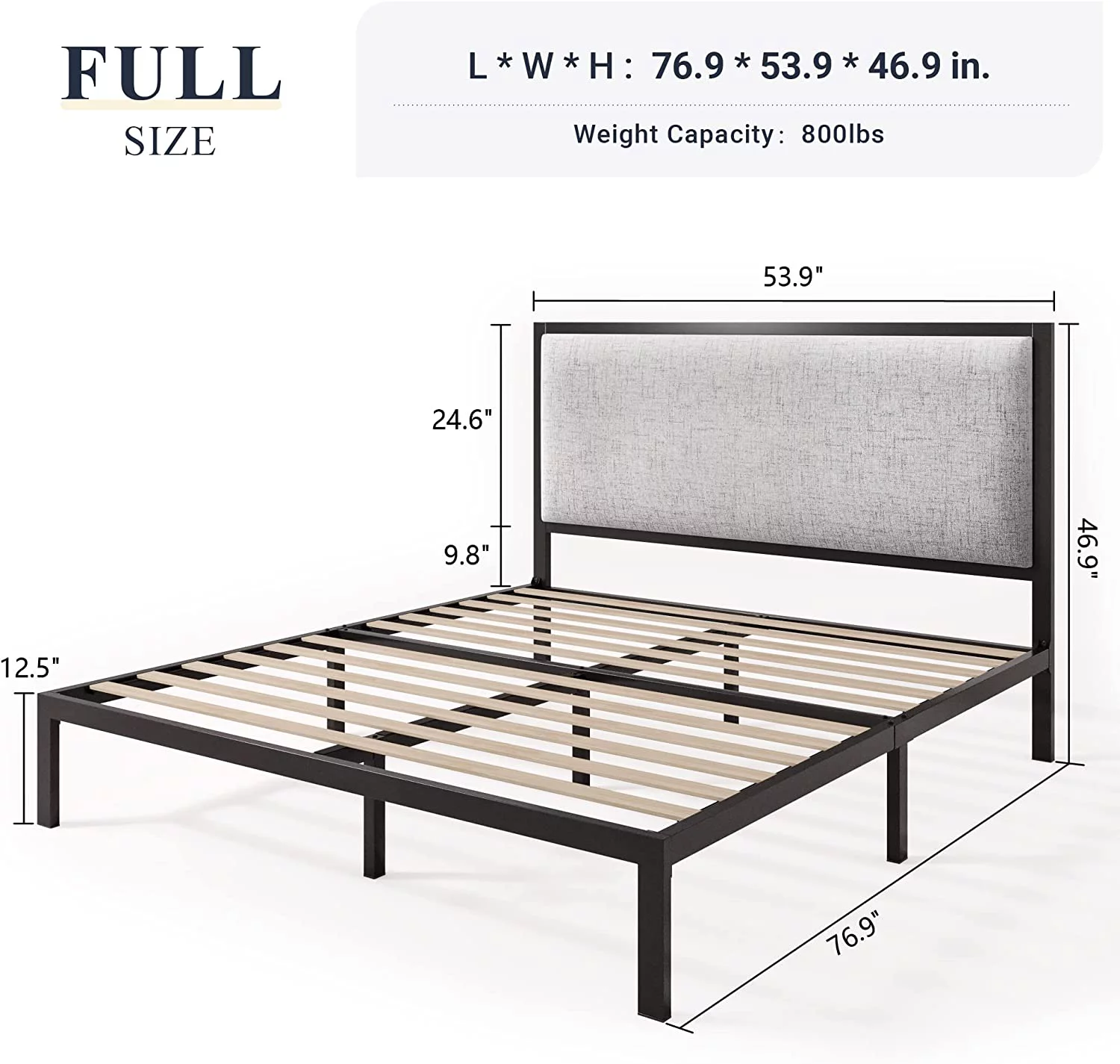 Allewie Full Size Metal Platform Bed Frame with Fabric Upholstered Headboard, Heavy Duty Steel Structure, Grey