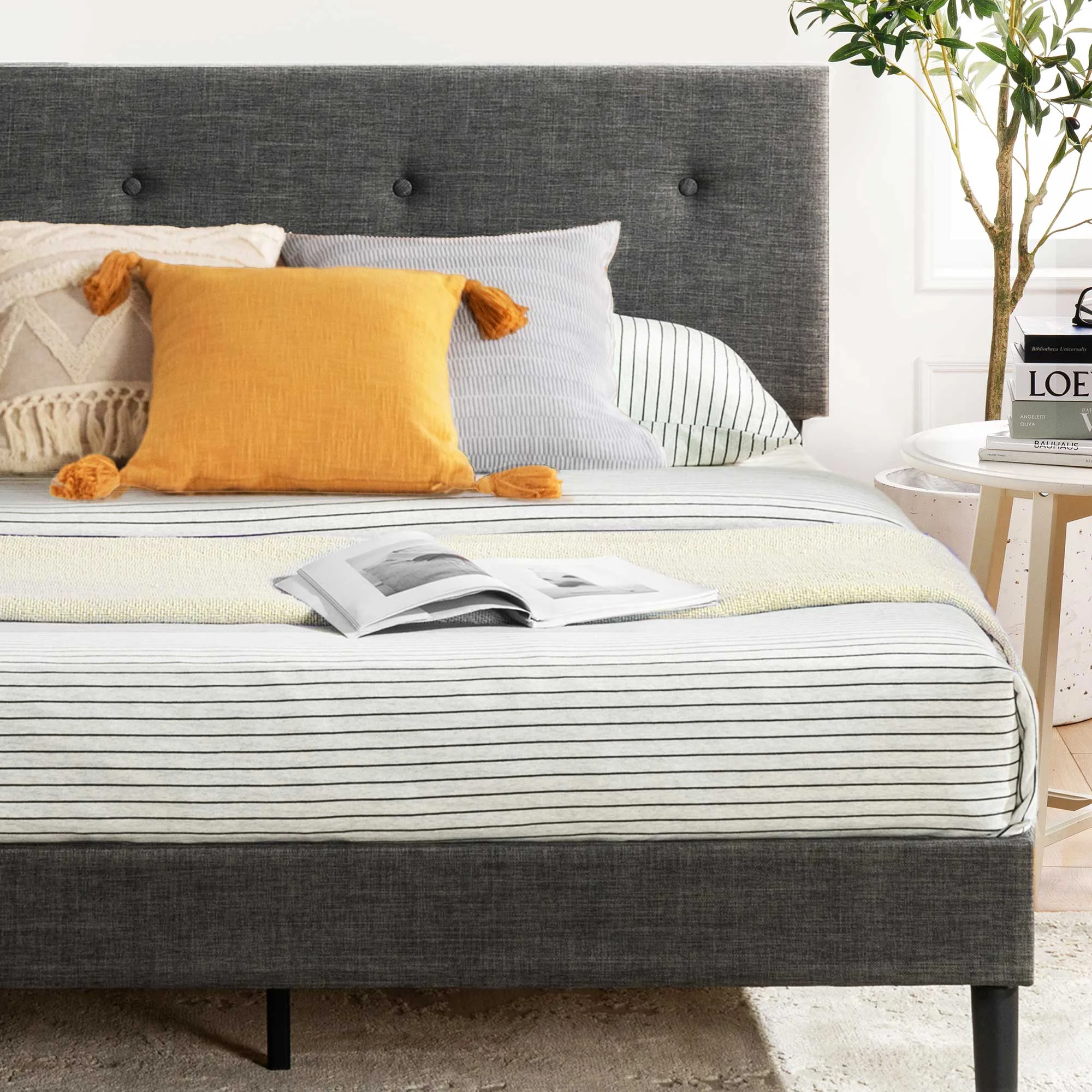 Mellow Alva Upholstered Platform Bed Frame with Headboard, Dark Grey, Full