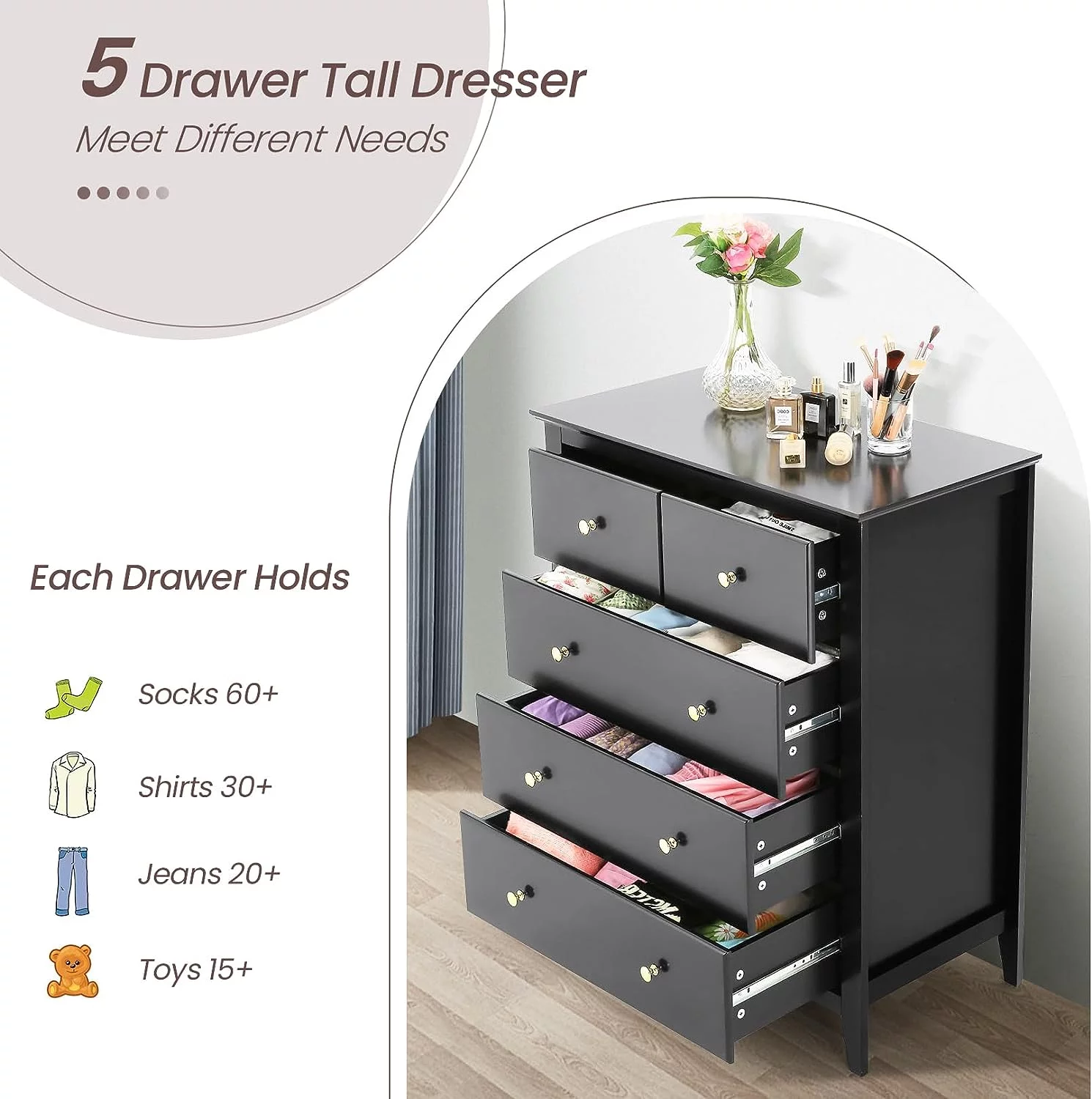SEJOV Black Double Dresser with 5 Drawer, Modern Chest of Drawers for Bedroom, Nursery, Kids, Wood Storage Organizer Cabinet for Clothing
