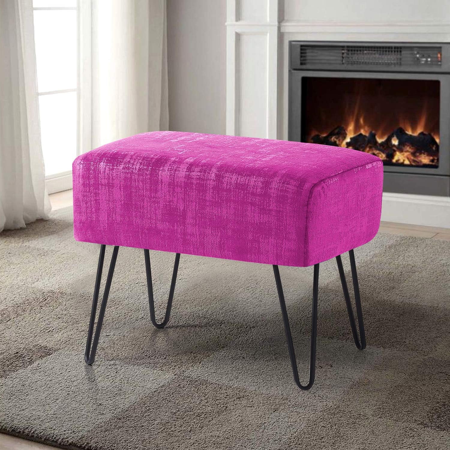 Textured Velvet Ottoman, Raspberry Rose, 19'' X 13'' X 17'' H, Fuzzy Entry Way Ottoman Bench For Living Room Bedroom End Of Bed Decorative Makeup Stool Foot Rest Chair Home Décor