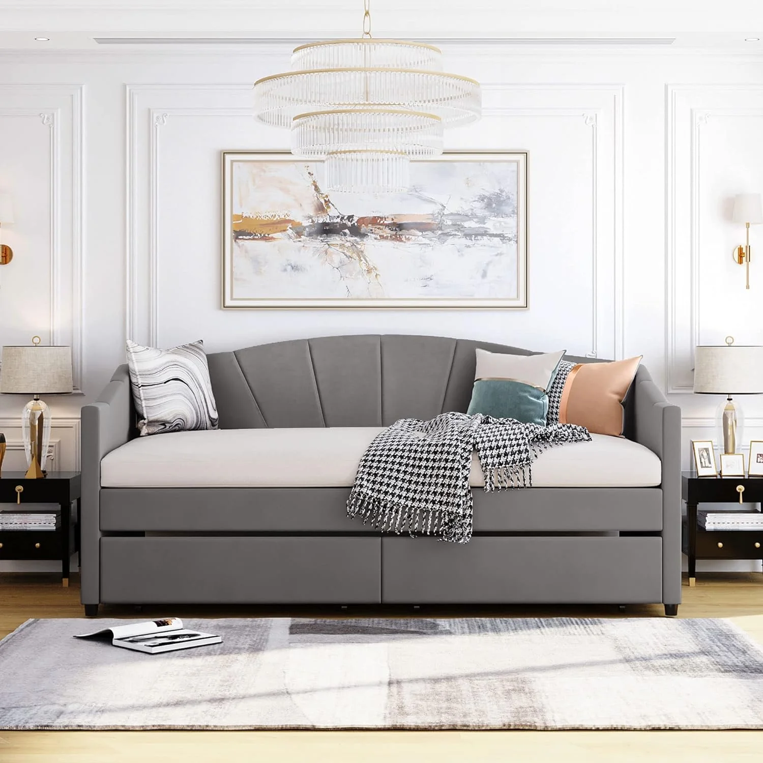 Upholstery Daybed With Storage Drawers Size Upholstered Velvet Daybed Sofa Bed Wood Daybed Frame For Adults Living Rooms, Grey