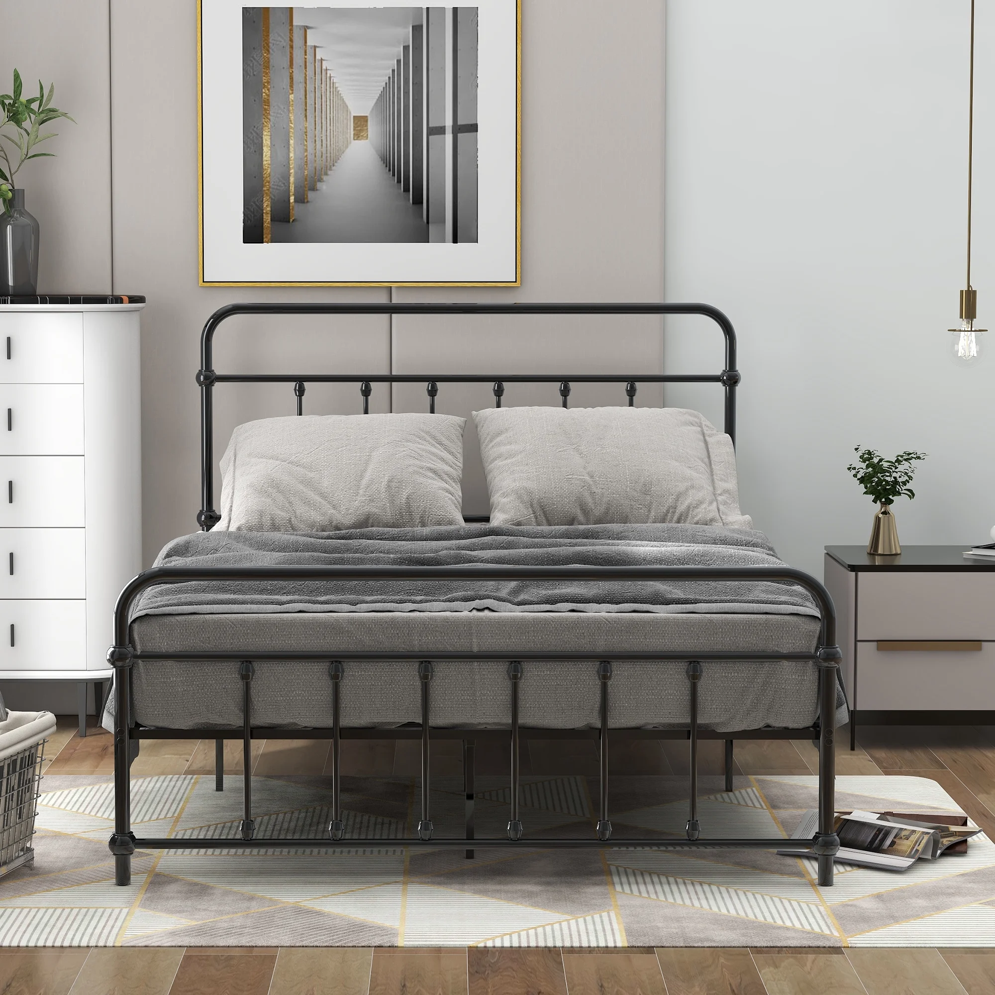 Full Size Metal Platform Bed with Headboard and Footboard, Iron Bed Frame for Bedroom, No Box Spring Needed ,Black