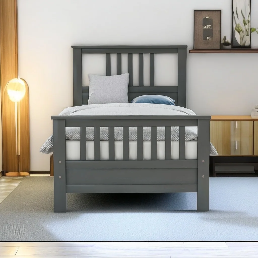 Twin Size Platform with Footboard and Headboard, Solid Pinewood Bedframe for Boys/Girls/Adult,No Box Spring Needed