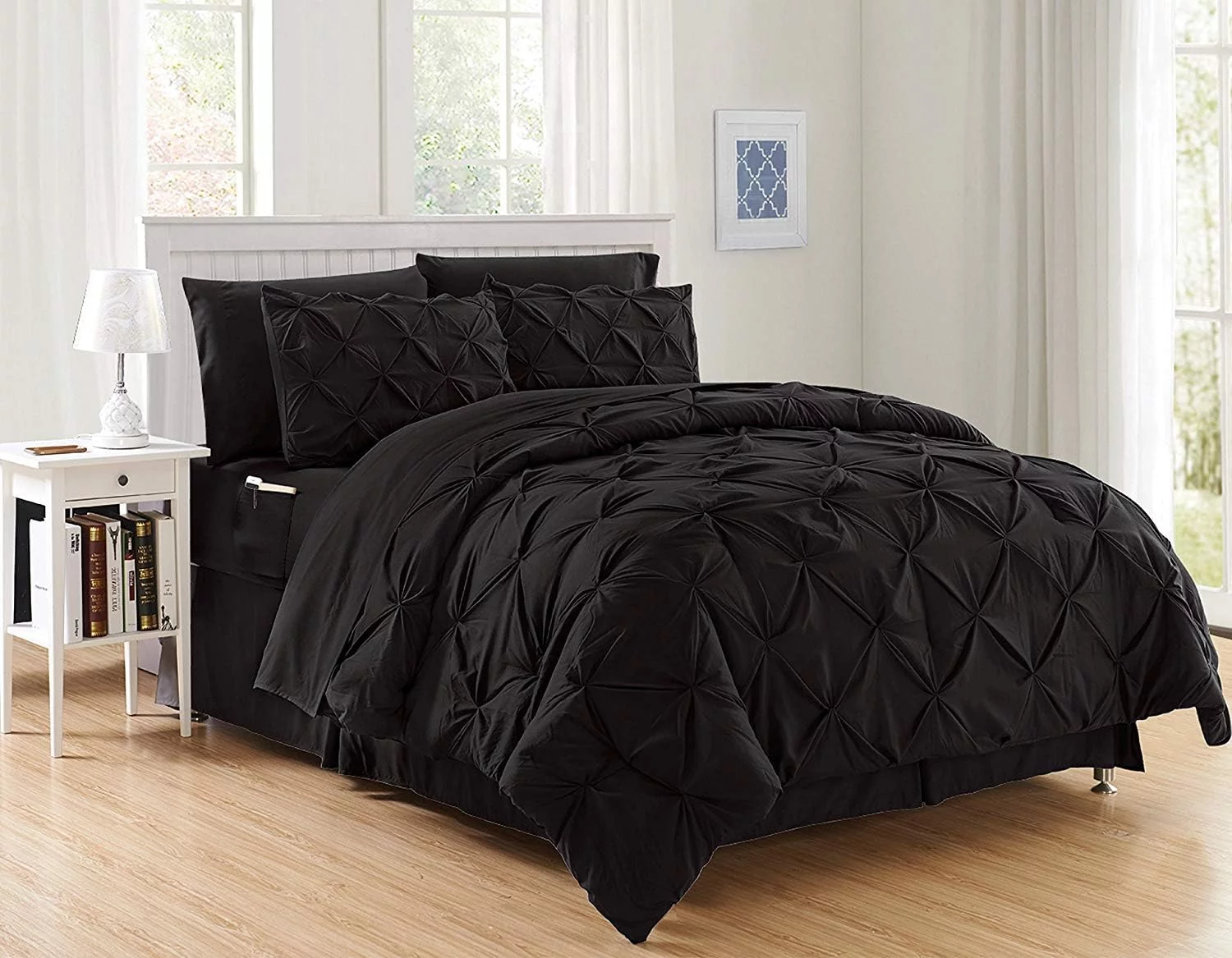 Mocassi Comforter Set, 8-Piece Pintuck Down Alternative, Soft & Plush Bedding Set Perfect for Any Bed Room, Full/Queen Size, Black