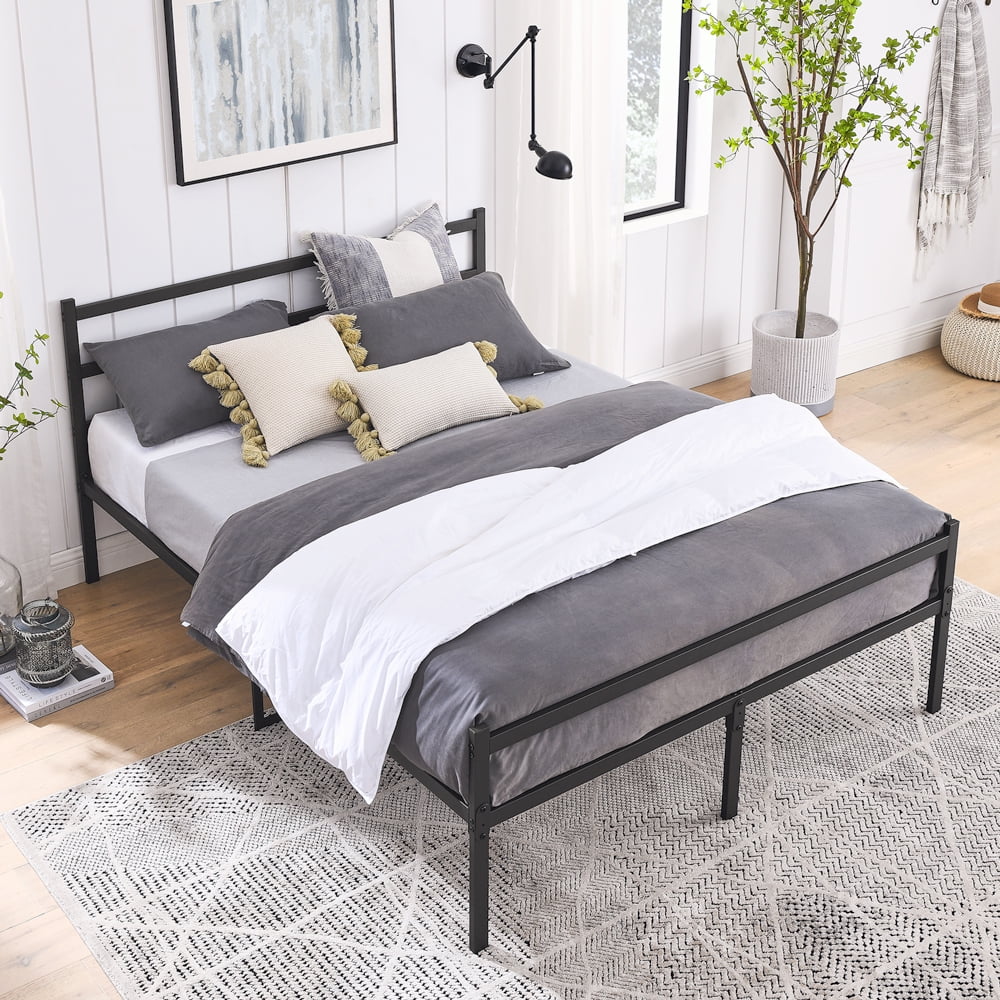 Yone jx je Iron Bed Frame with Headboard Shelf, Heavy Duty Platform Metal Bed Frame with Strong Metal Foundation, No Box Spring Needed, Queen Bed,Black