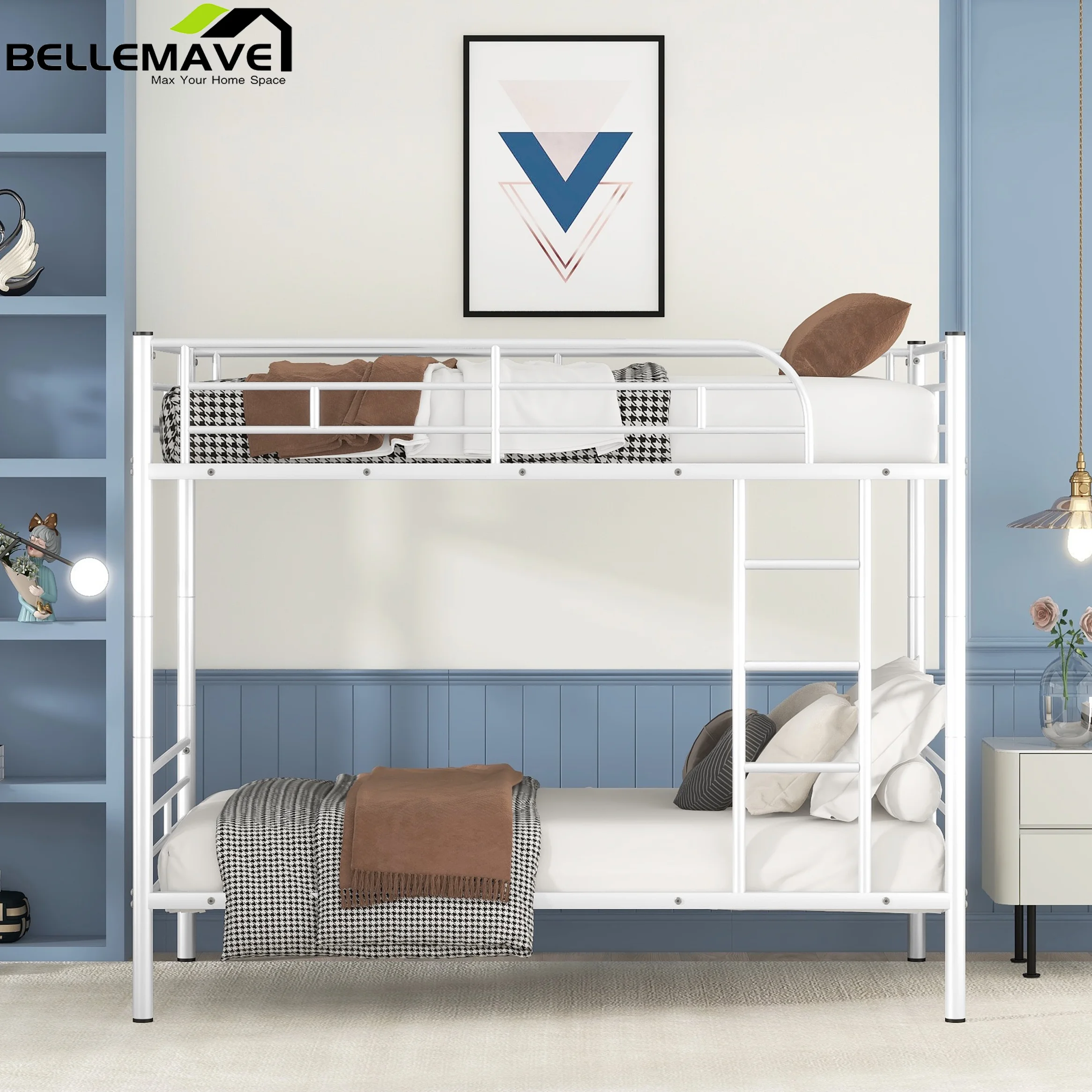 Bellemave Twin Over Twin Metal Bunk Bed with Ladder and Full-Length Guardrail,Convertible Bunk Beds,Metal Twin Bunk Bed Frame for Kids,Teens,White