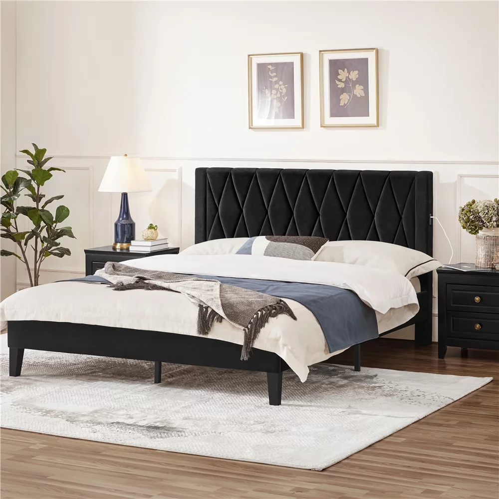 Yaheetech Upholstered Platform Bed Frame with Built-In USB Ports, Queen Size, Black