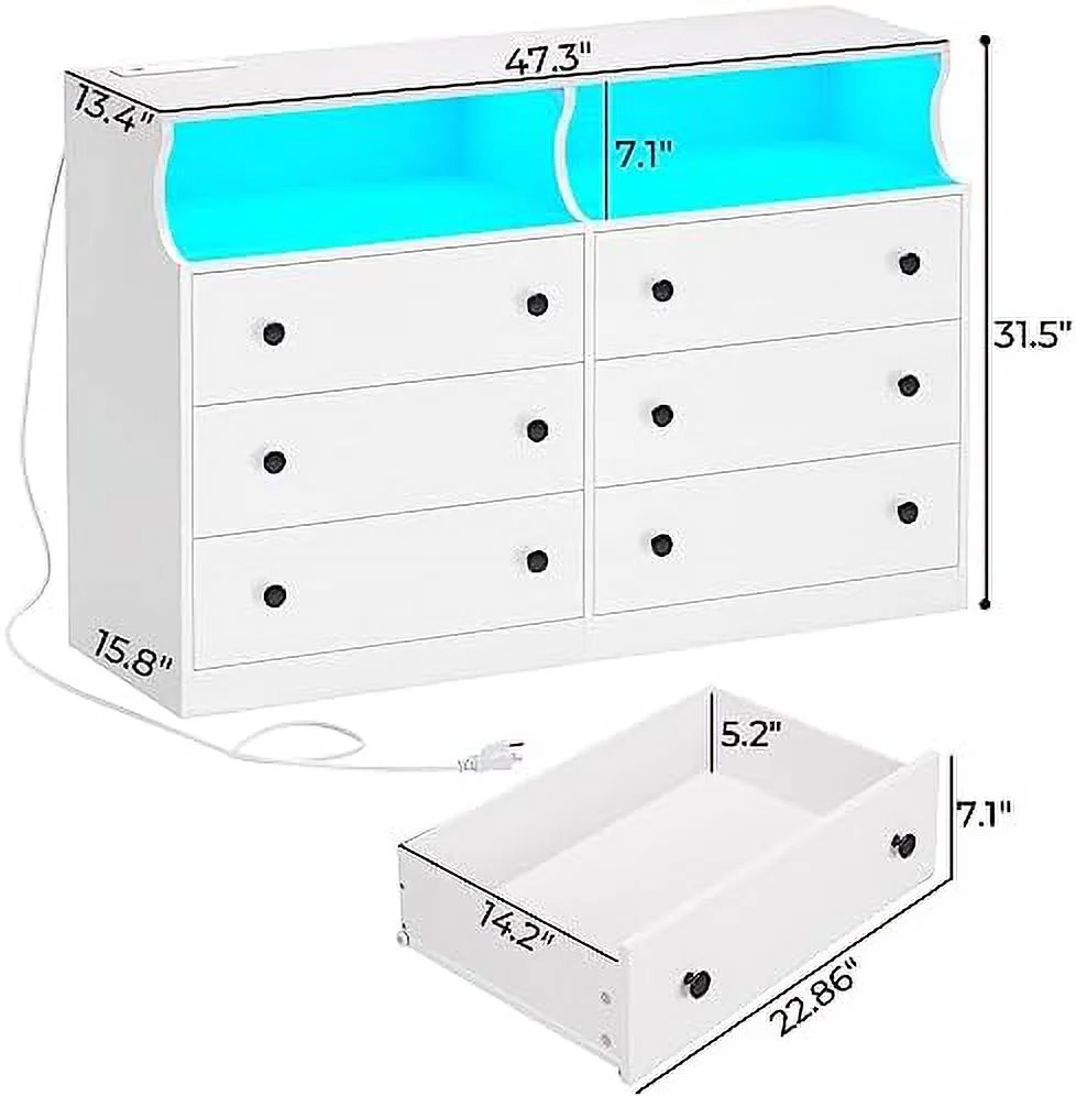 6 Drawer Dresser with LED Lights and Charging Station Wide Chest of 6 Drawers with Open Space Large Capacity Cabinet White Dresser for Bedroom Living Room Hallway