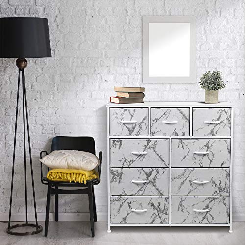 Sorbus Dresser with 9 Drawers - Furniture Storage Chest Tower Unit for Bedroom, Hallway, Closet, Office Organization - Steel Frame, Wood Top, Fabric Bins (Marble White - White Frame)