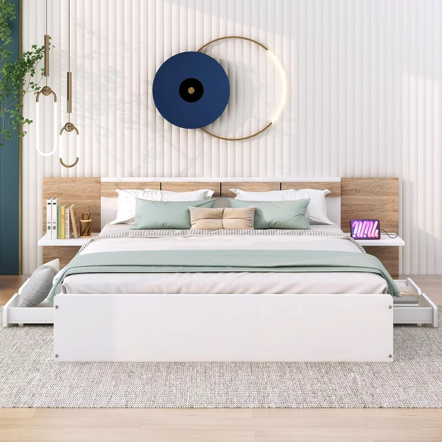 Queen Bed Frame With Storage Drawers, Wood Platform Bed With Headboard And Power Outlets, USB Ports Charging Station, Storage Shelves, Wooden Slats Support, No Box Spring Needed, White