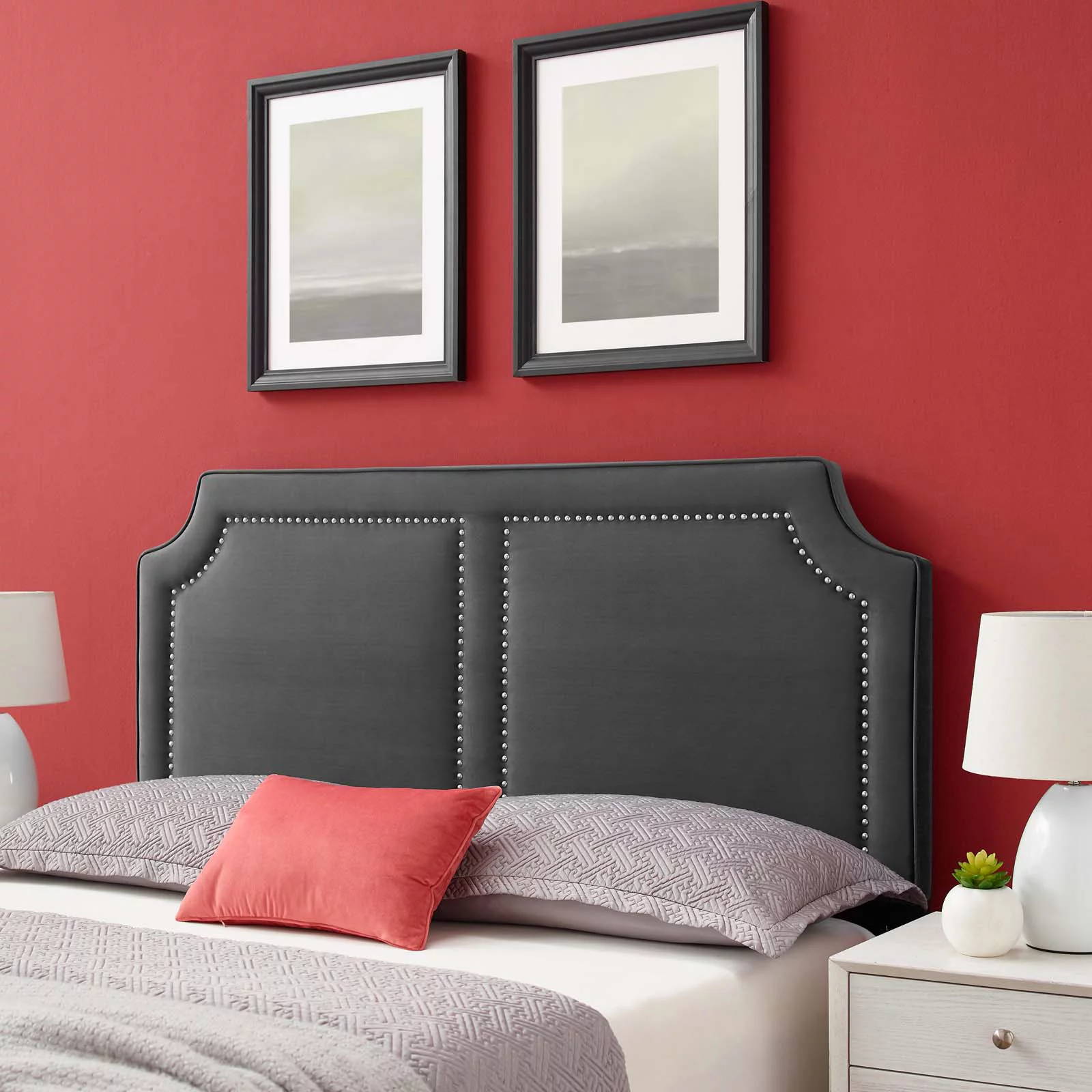 Headboard, Nailhead, King California Size, Charcoal Grey Gray, Velvet, Modern Contemporary, Mid Century Bedroom Master Guest Suite Room