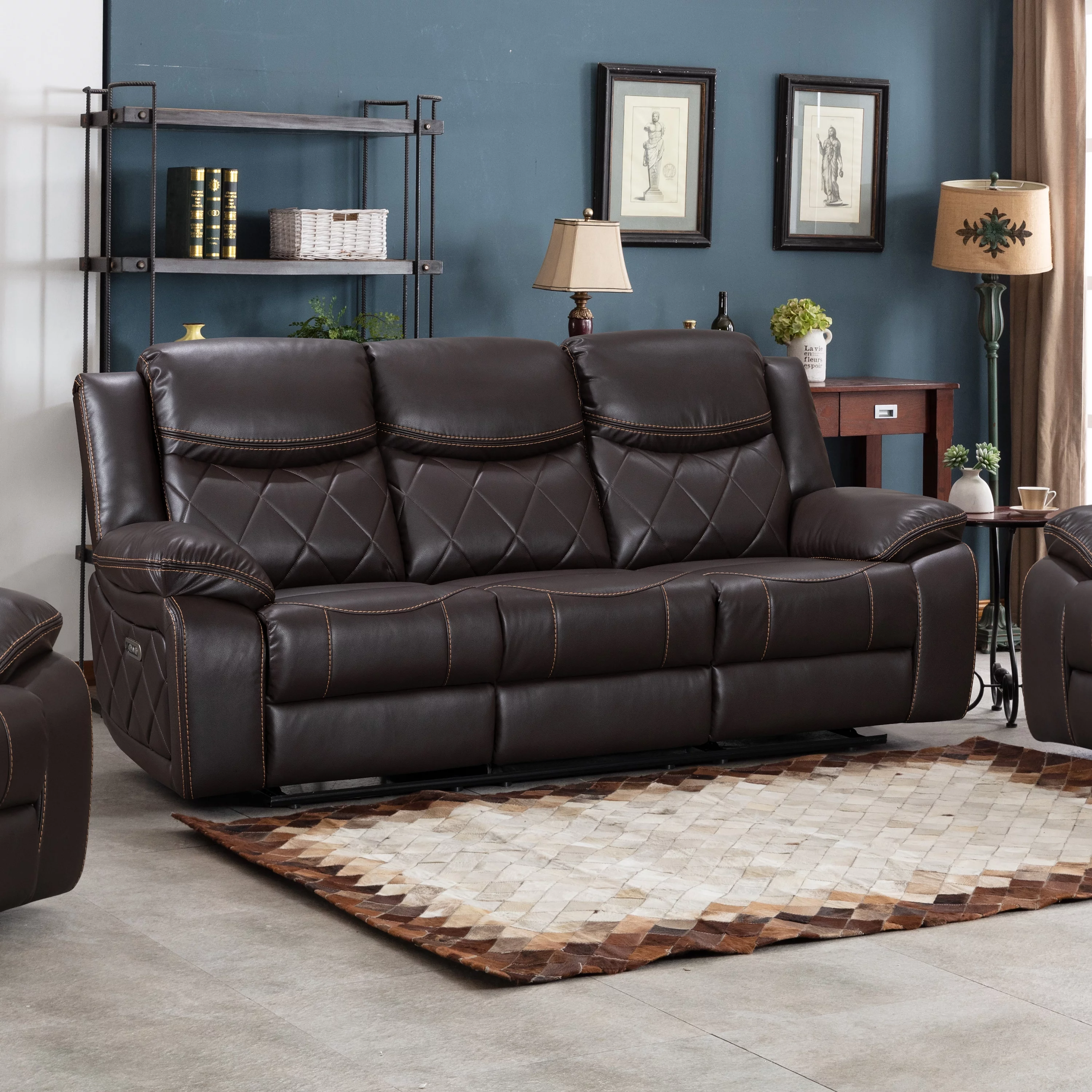Contemporary Living Room Plush Faux Leather Upholstered Power Reclining Sofa, Brown
