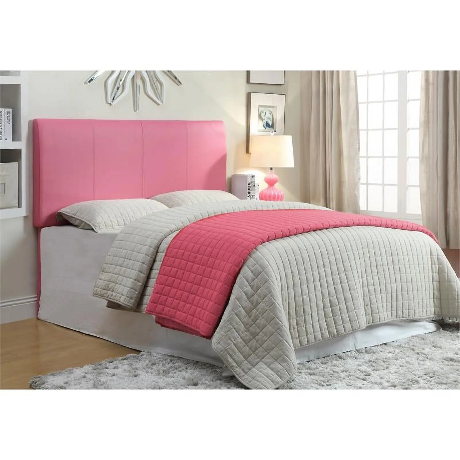 Kingfisher Lane Contemporary Faux Leather Full Queen Panel Headboard in Pink
