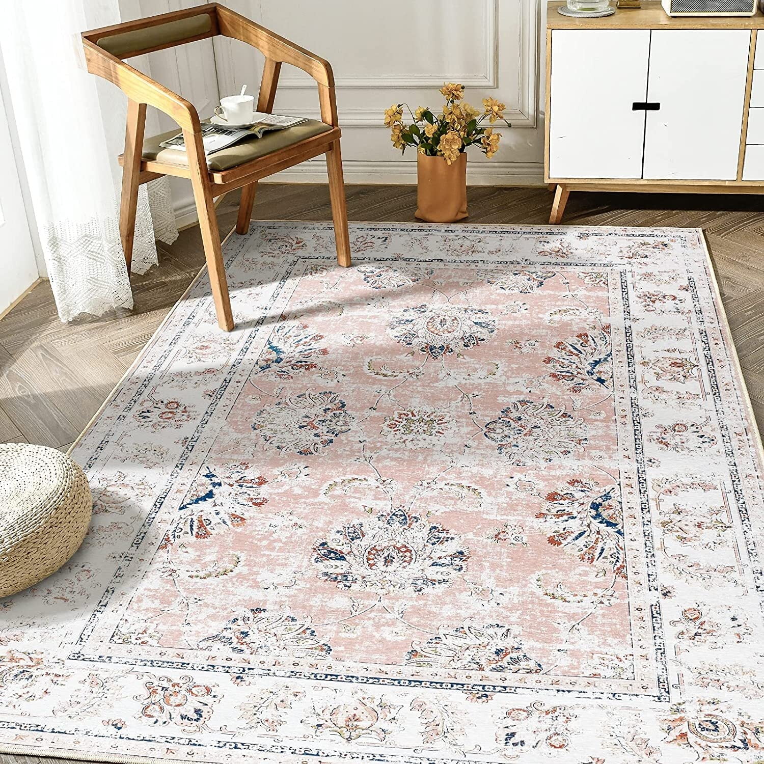 RUGKING Vintage Foldable Rug 8'x10' Traditional Floral Rug Pink Thin Rug Indoor Non-Slip Rug for Kitchen Bathroom Etryway Bedroom Living Room