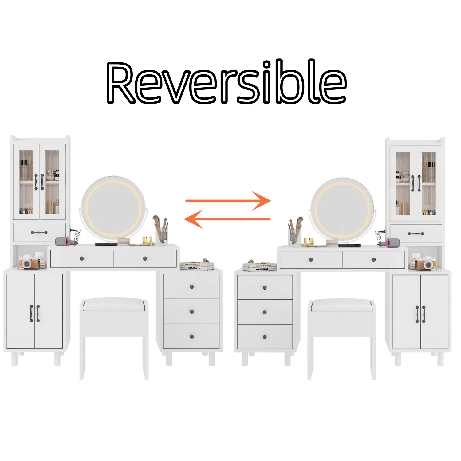 Ktaxon Makeup Vanity Set with USB Charging&3 Color Lighted Mirror, Large Makeup Vanity with Storage Cabinet and Drawers, Dressing Table for Girls, Women, Gold, White
