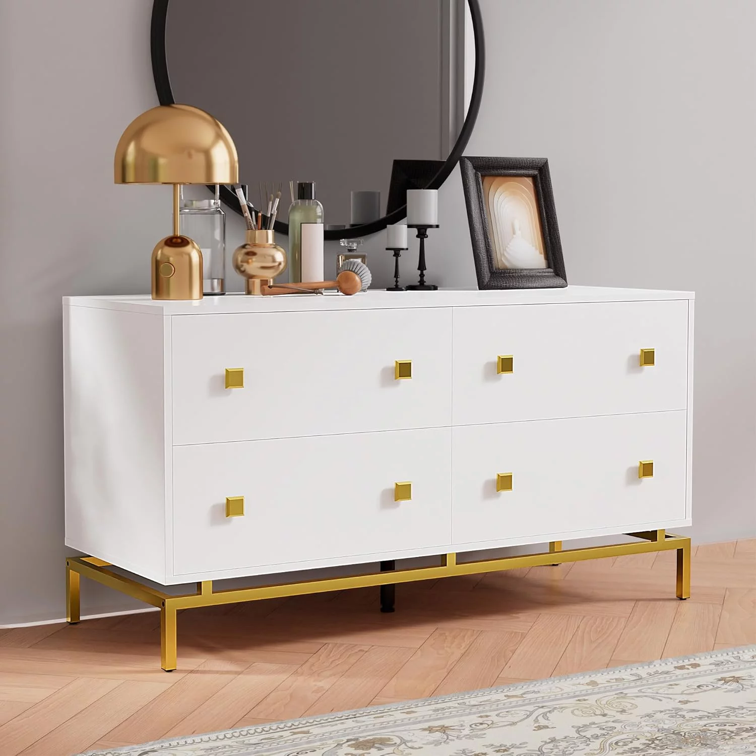 Cozy Castle Extra Wide White 4 Drawer Double Dresser for Bedroom, Luxury Modern Wooden Dressers & Chests of Drawers with Gold Base