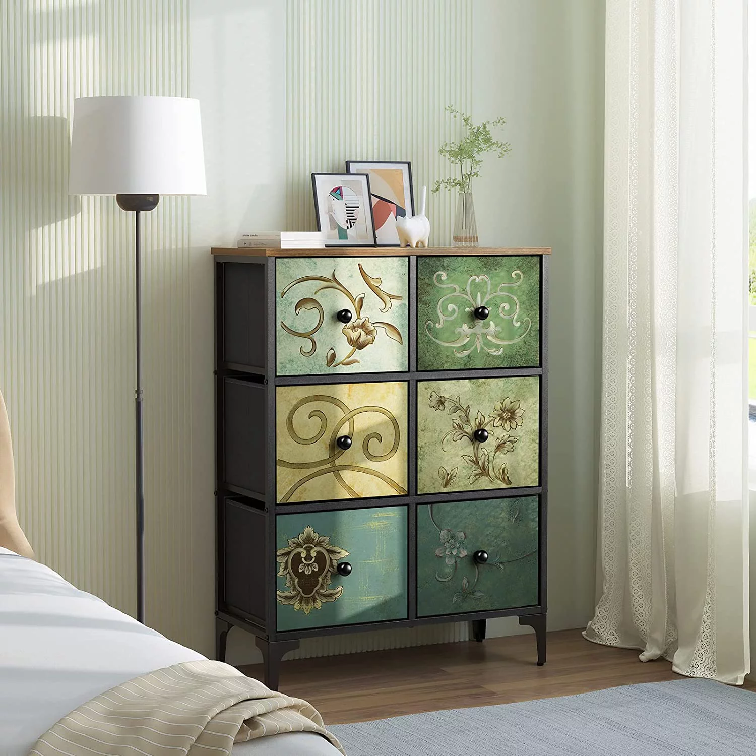 Dresser with 6 Drawers Tall Storage Dresser for Bedroom Modern Chest of Drawers for Closet Living Room Nursery Wood Top Fabric Drawers (Rustic Brown)