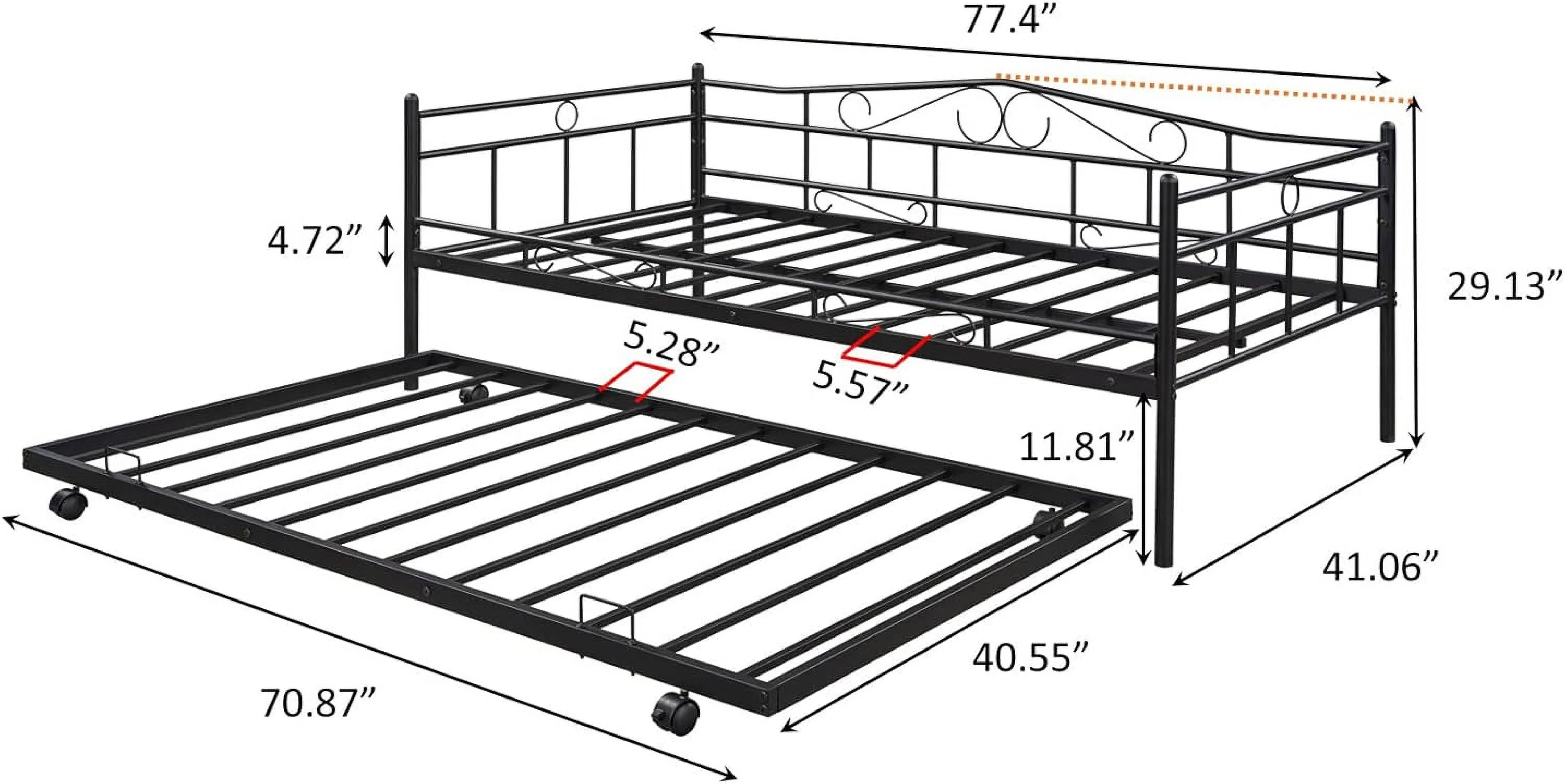 Daybed With Trudle Metal Day Bed Frame With Pullout Trudle, Heavy-Duty Daybed For Livig Room Bedroom Kids Tees Ad Adults, Black
