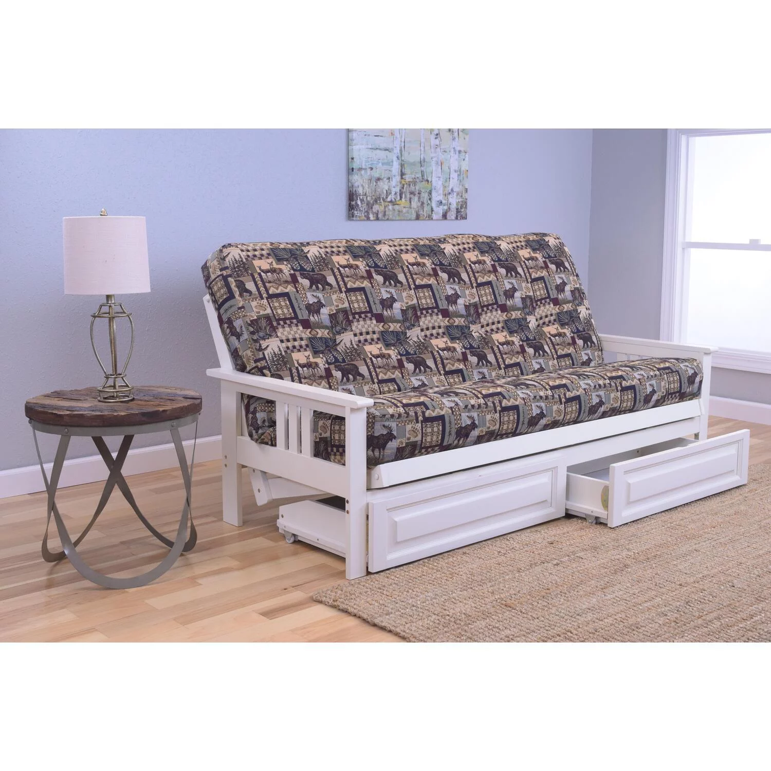 Homestock Seaside Serenity Full Futon Frame with Storage Drawers, Color:Antique White/Maroon
