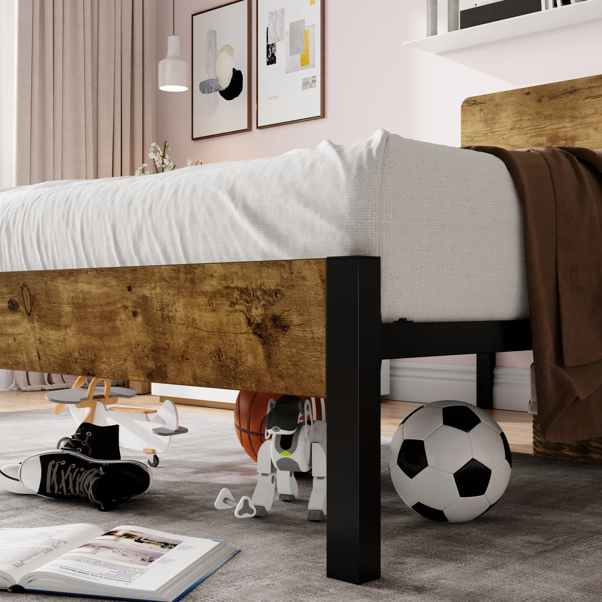 Sha Cerlin Brown Twin Size Metal Platform Bed Frame with Industrial Wooden Headboard & Underbed Storage, Mattress Foundation