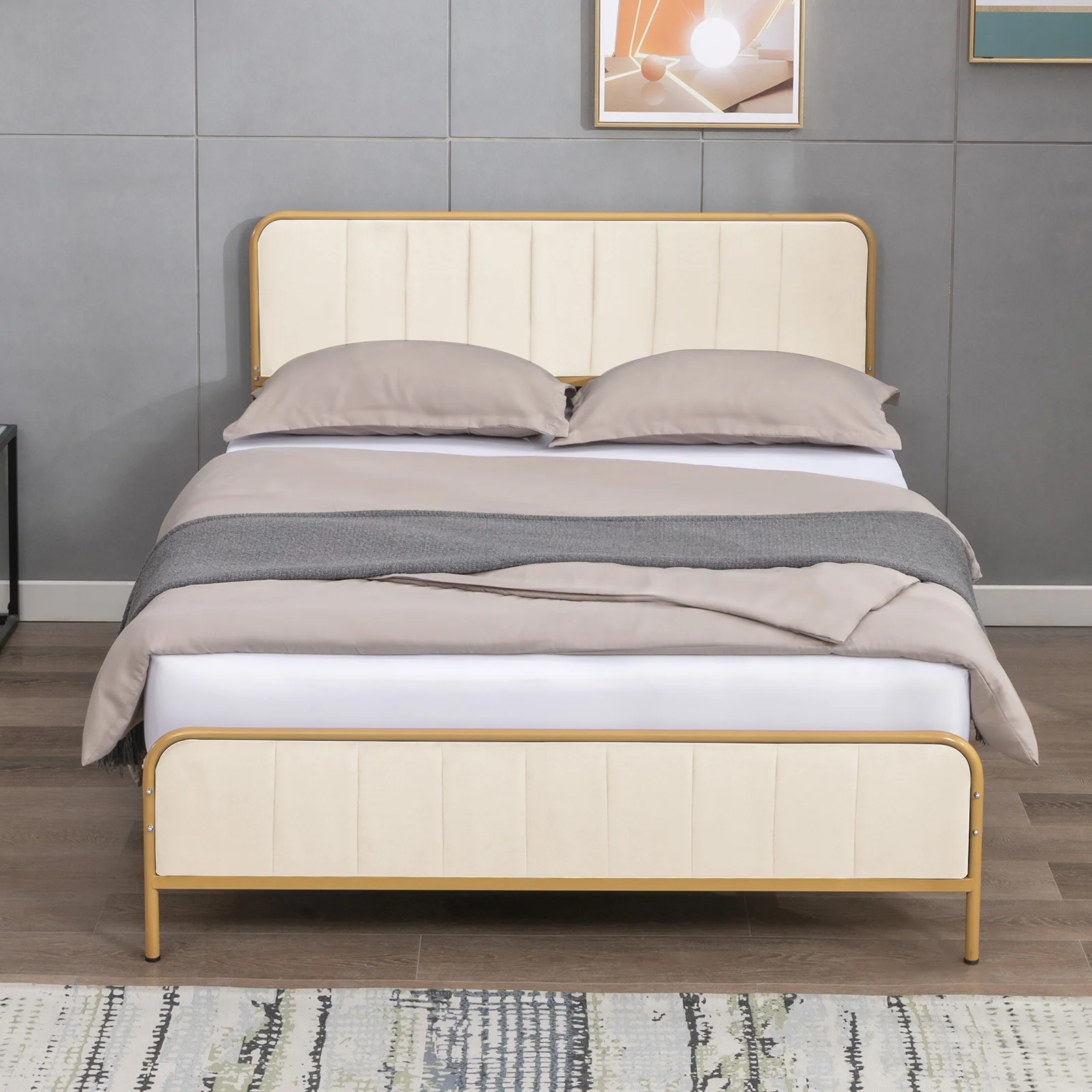 ijuicy King Size Metal Platform Bed Frame with Dutch Velvet Headboard, Clearance Bed Frame Upholstered Headboard, Metal Strip Support, Beige