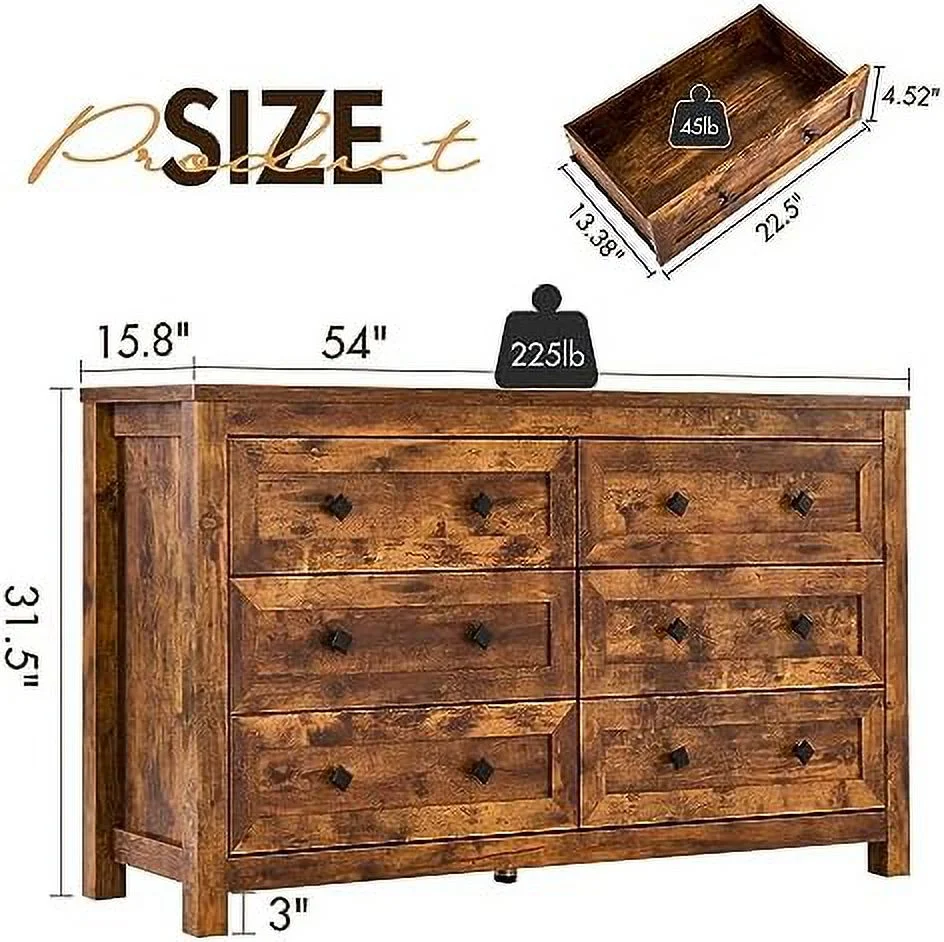 6 Drawers Dresser for Bedroom Farmhouse Wood Chest of Drawers with Vintage Grain Texture Drawer Double Dresser for Bedroom Living Room Hallway Rustic Brown