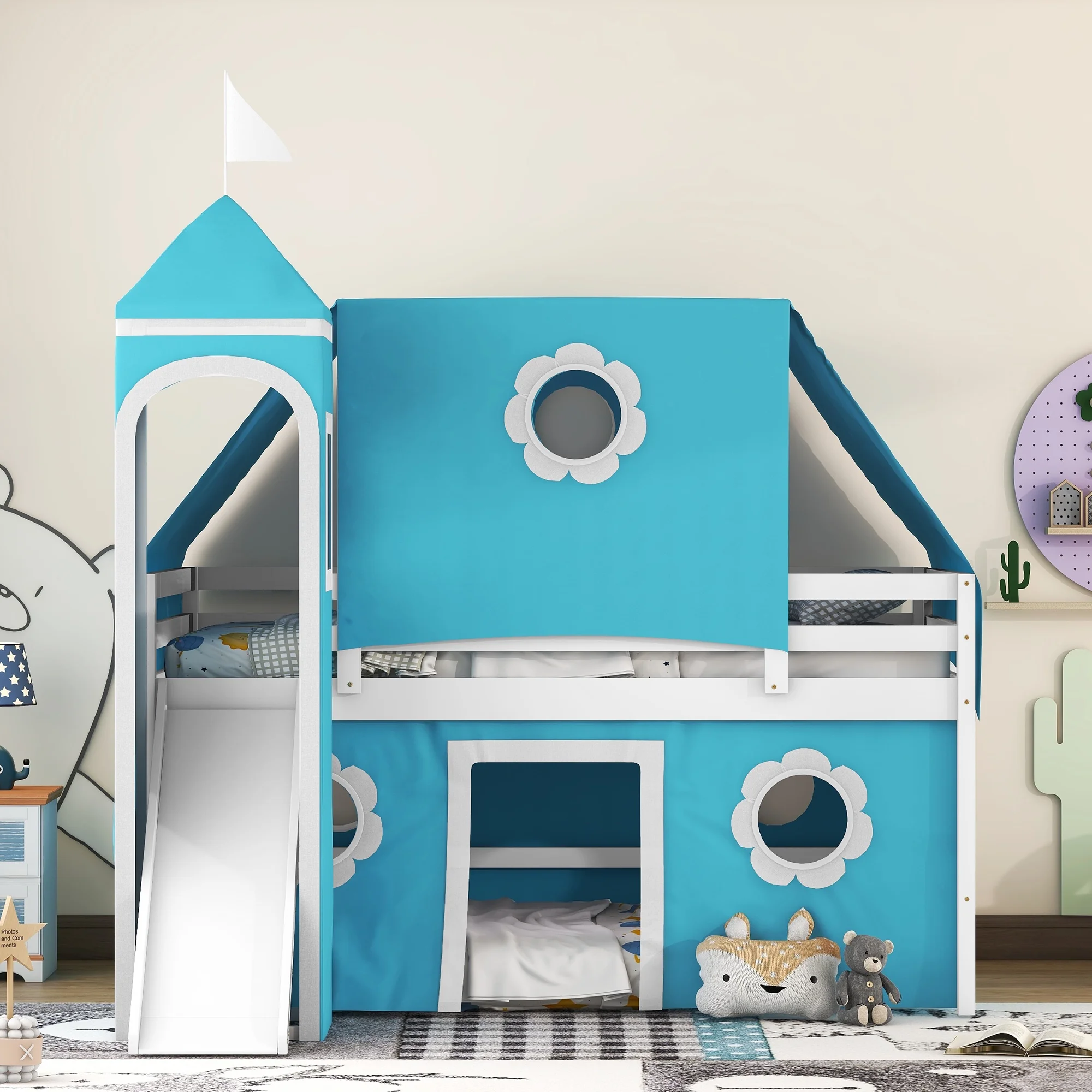 Bellemave Full Size Bunk Bed with Slide and Tent, Solid Wood Castle-Shaped Loft Bed Frame with Curtains, Floor Bunk Beds with Roof, Windows for Kids Girls Boys（Blue）