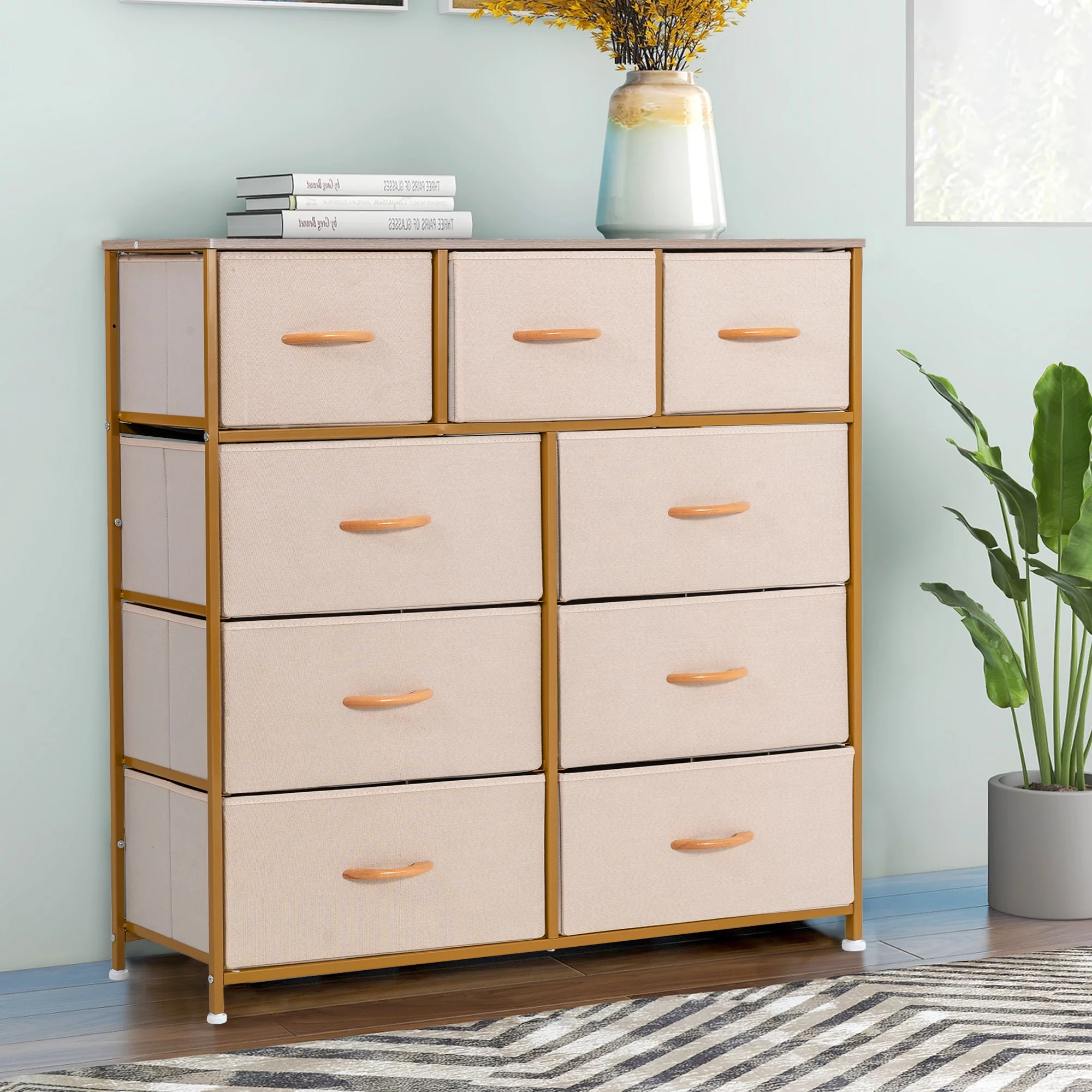 Bedroom Storage Dresser with 9 Drawers Bins Steel Frame Organizer Non-woven Fabric Chest Gold Pink