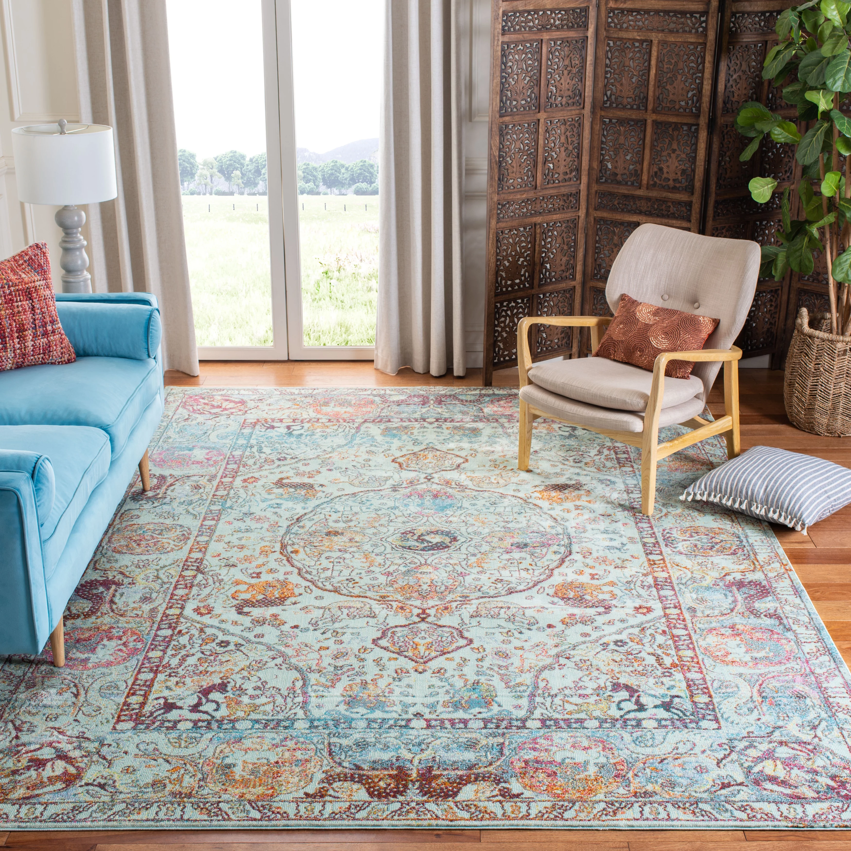 SAFAVIEH Luxor Jenny Floral Bordered Area Rug, Turquoise/Aqua, 9' x 12'