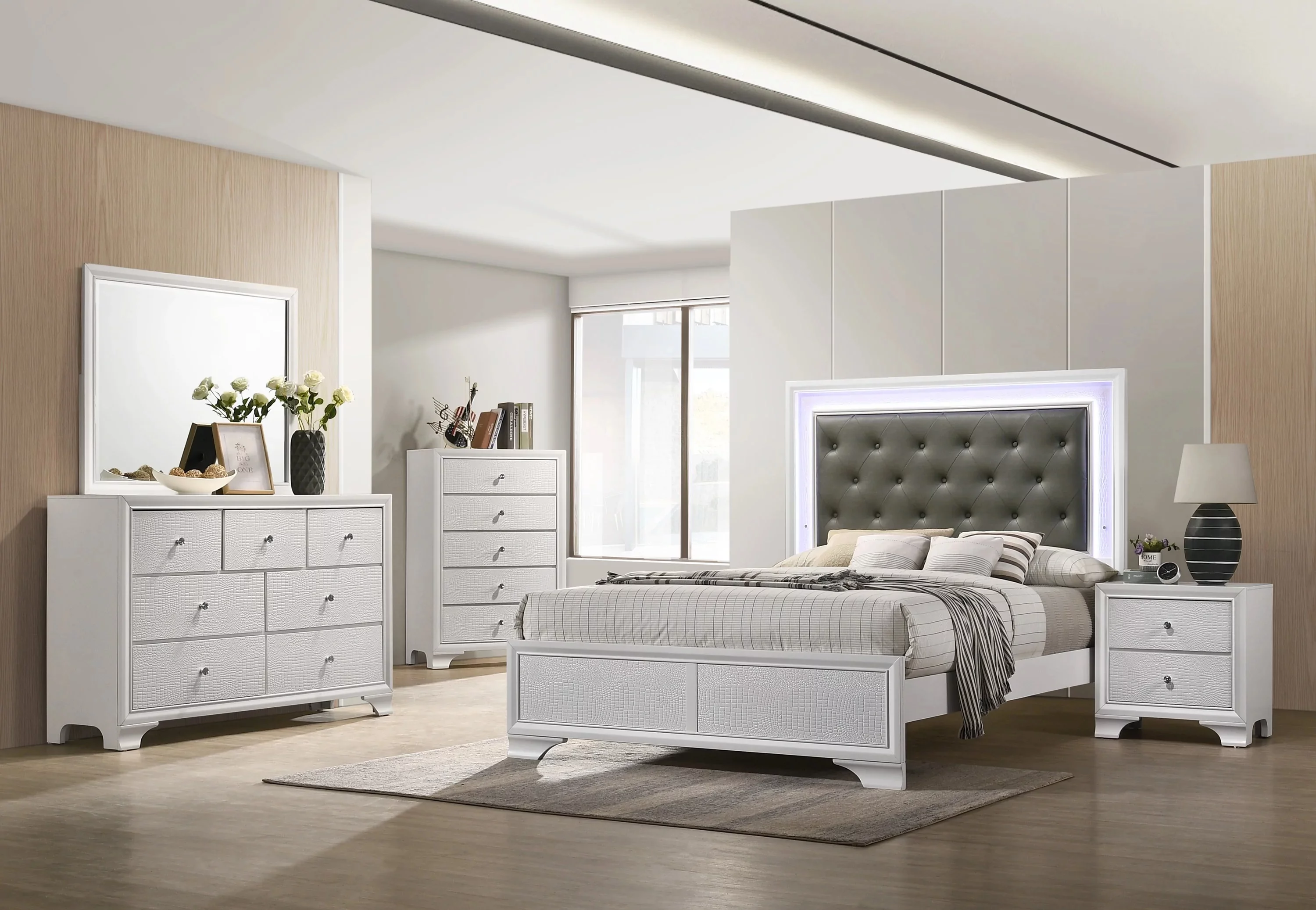 Modern Style Frost Finish 6pc King Size Bedroom Set Bed Dresser Mirror Chest Nightstand White LED Light Upholstery Headboard Furniture