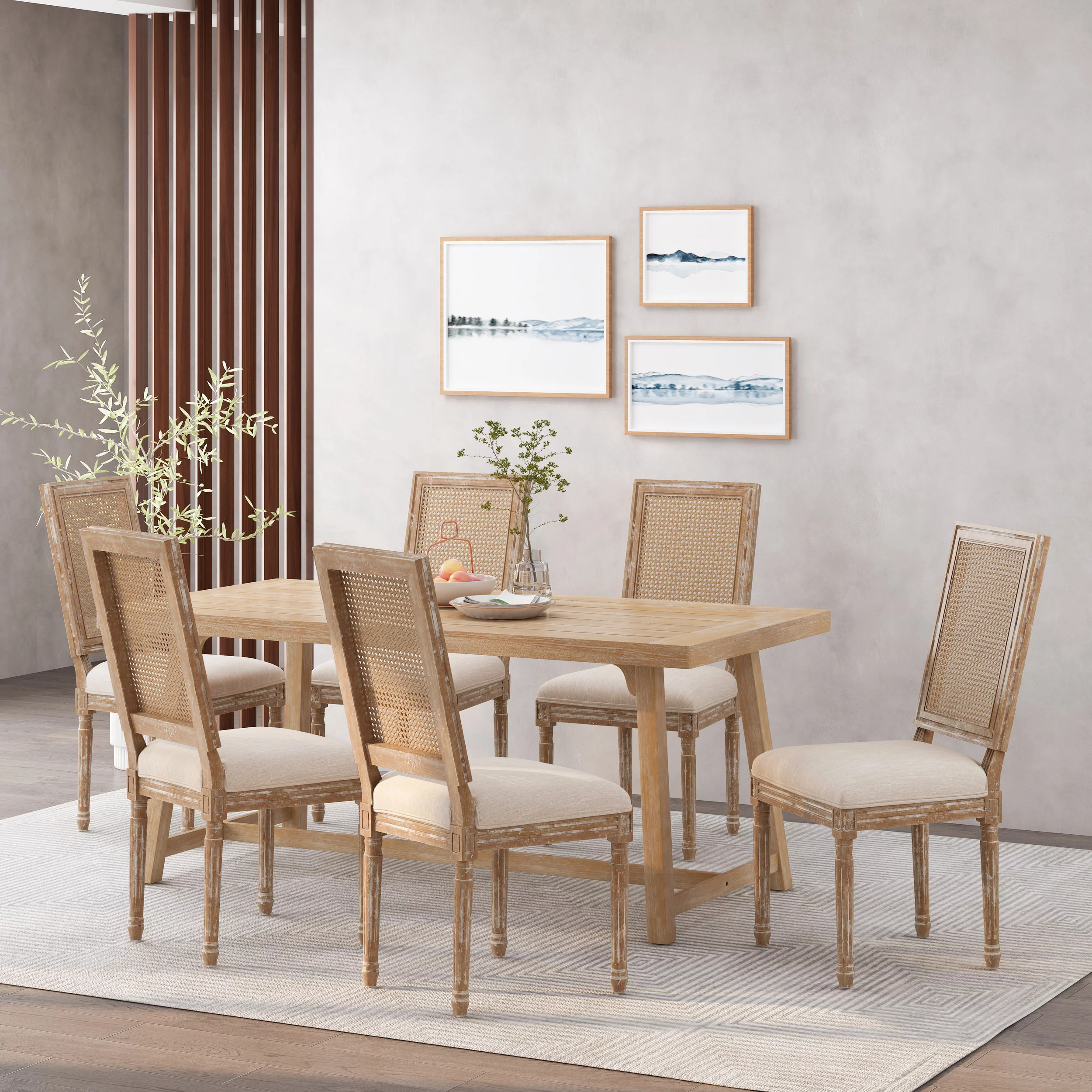 GDF Studio Brownell French Country Wood and Cane Upholstered Dining Chairs, Set of 6, Beige and Natural