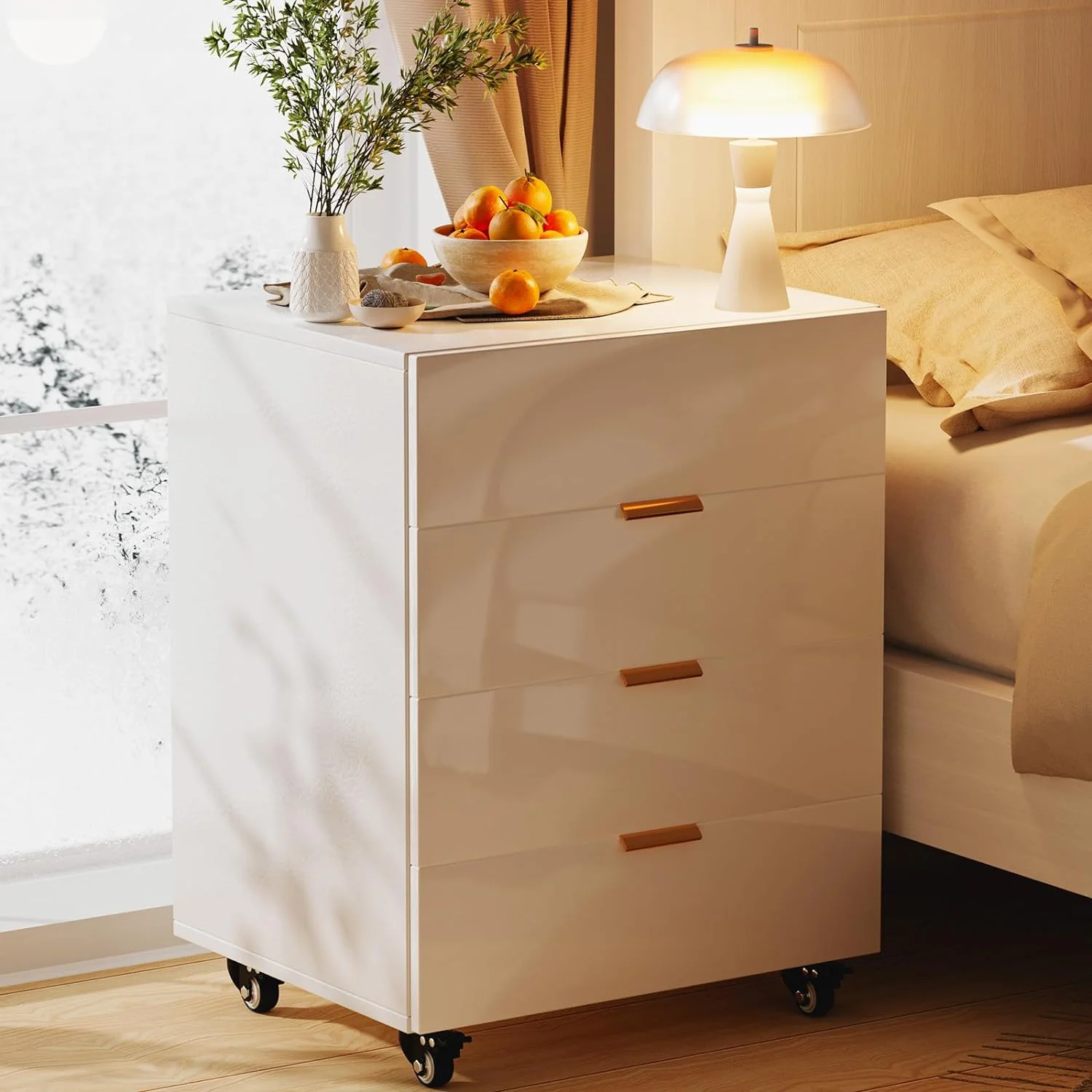 4 Drawer Chest, Wood Storage Dresser Cabinet with Wheels, Mobile Organizer Drawers for Office & Vanity, Nightstand for Bedroom, White