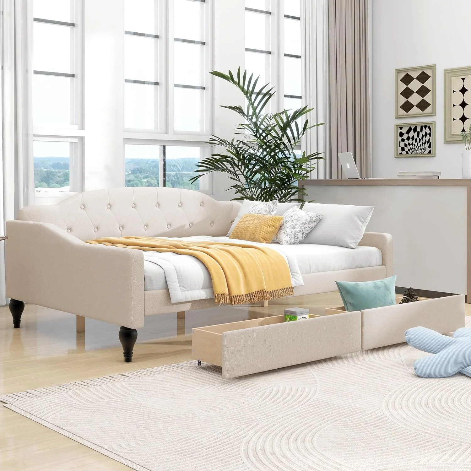 Full Size Daybed Wih Sorage Drawers, Lie Upholsered Day Bed Frame, Boom ufed Sofa Bed -Ceury Desig For Bedroom Livig Room Gues Room, Beige