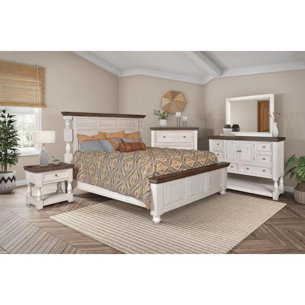 Sunset Trading Rustic French Bedroom Chest with 4 Storage Drawers & Vertical Dresser, Distressed White & Brown Solid Wood