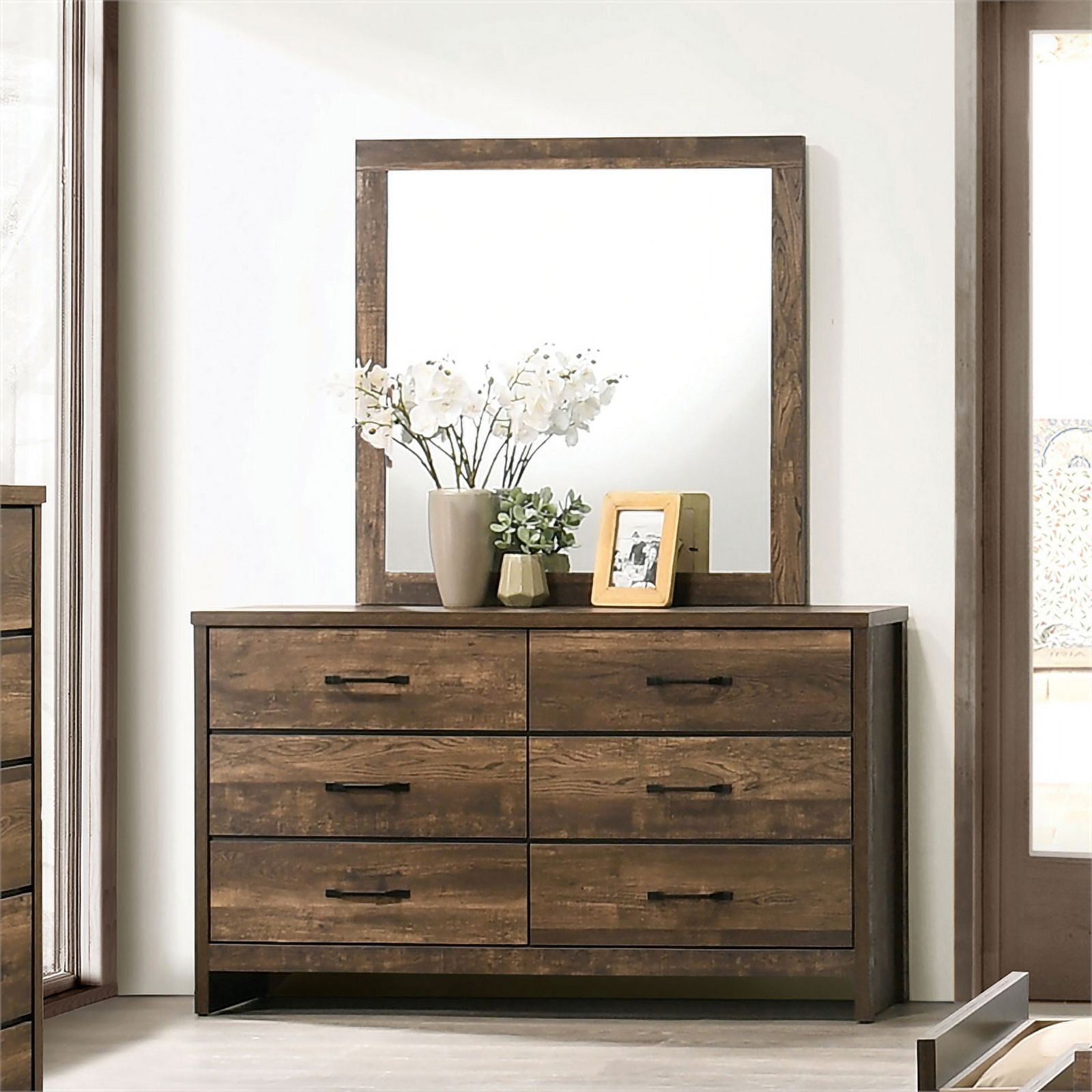 Furniture of America Wali Rustic Wood 6-Drawer Dresser with Mirror in Walnut