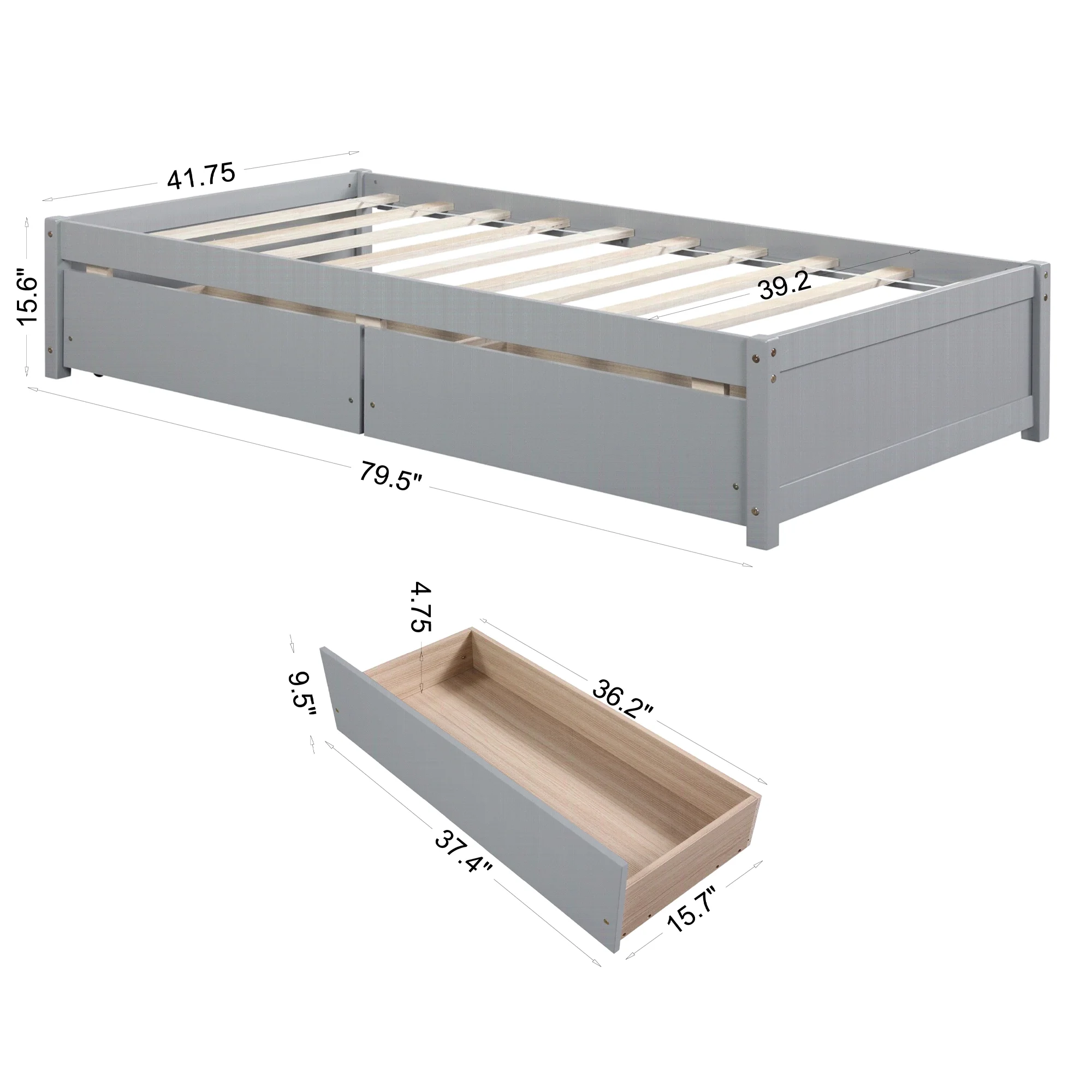 Twin Size Solid Wood Bedroom Furniture with 2 Drawers for Boys and Girls, Wood Platform Bed Frame for Kids Teens Adult, Gray