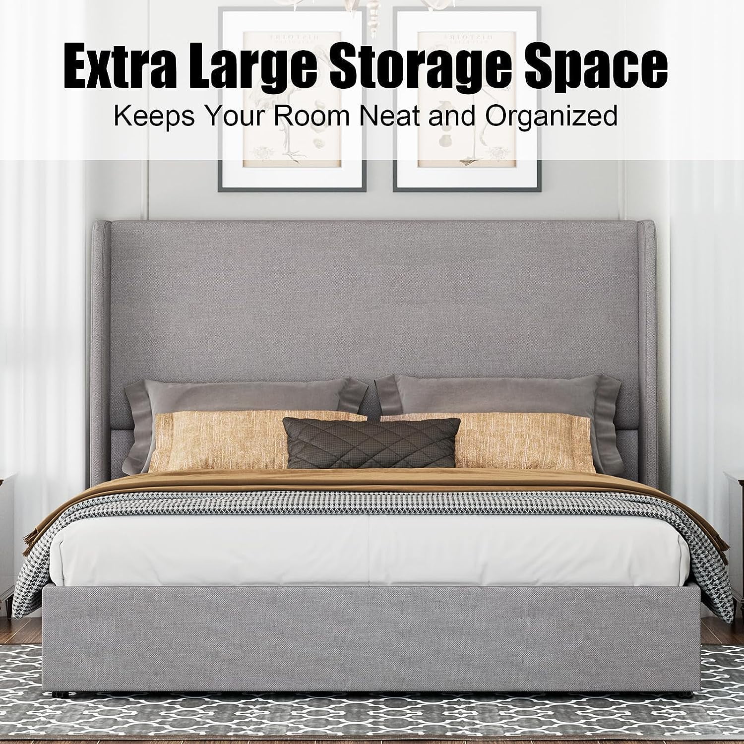 Jocisland Lift Up Storage Bed King Size Linen Upholstered Platform Bed Frame/Hydraulic Storage/Modern Wingback Headboard/No Box Spring Needed/Wood Slats Support/Light gray