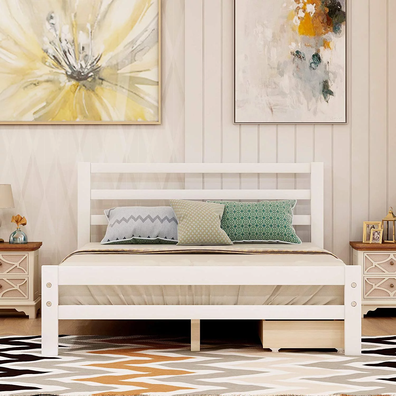 Full Platform Bed With Two Drawers/Solid Wood Storage Bed With Headboard And Footboard/Wood Slat Support/No Box Spring Needed/Easy Assembly, White