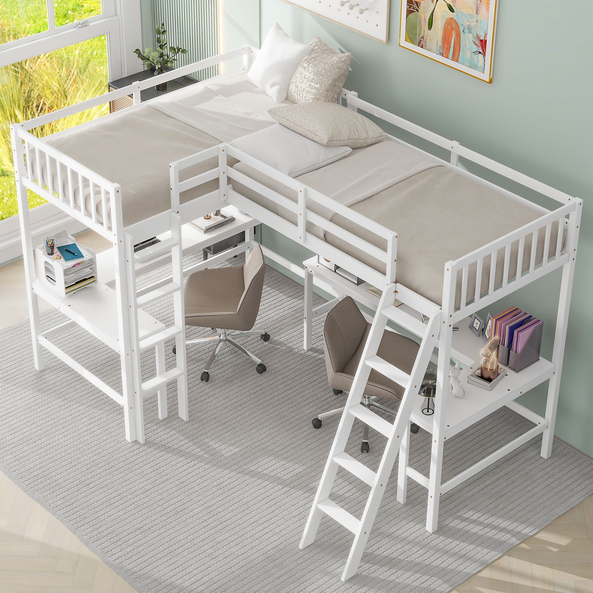 CoSoTower Wood Twin Size L-Shaped Loft Bed with Ladder and 2 Built-In L-Shaped Desks, White