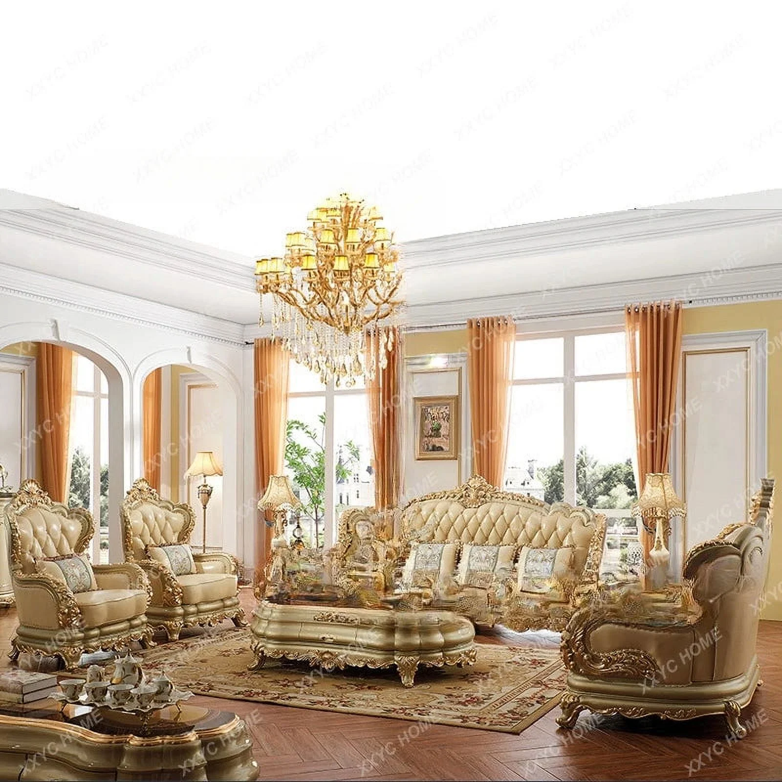 Furniture Leather Sofa Combination Living Room Double-Sided Solid Wood Carved Villa High-End Sofa