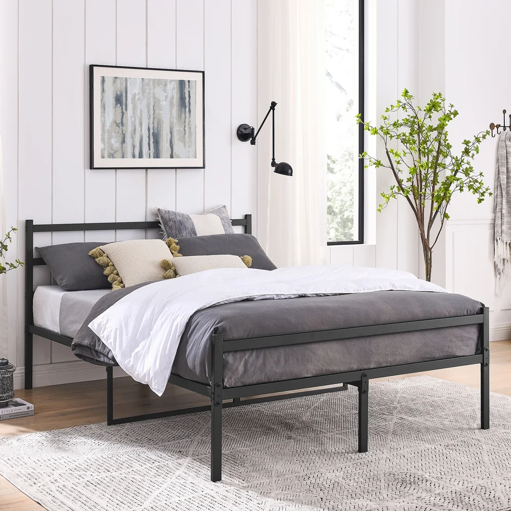 Yone jx je Iron Bed Frame with Headboard Shelf, Heavy Duty Platform Metal Bed Frame with Strong Metal Foundation, No Box Spring Needed, Queen Bed,Black