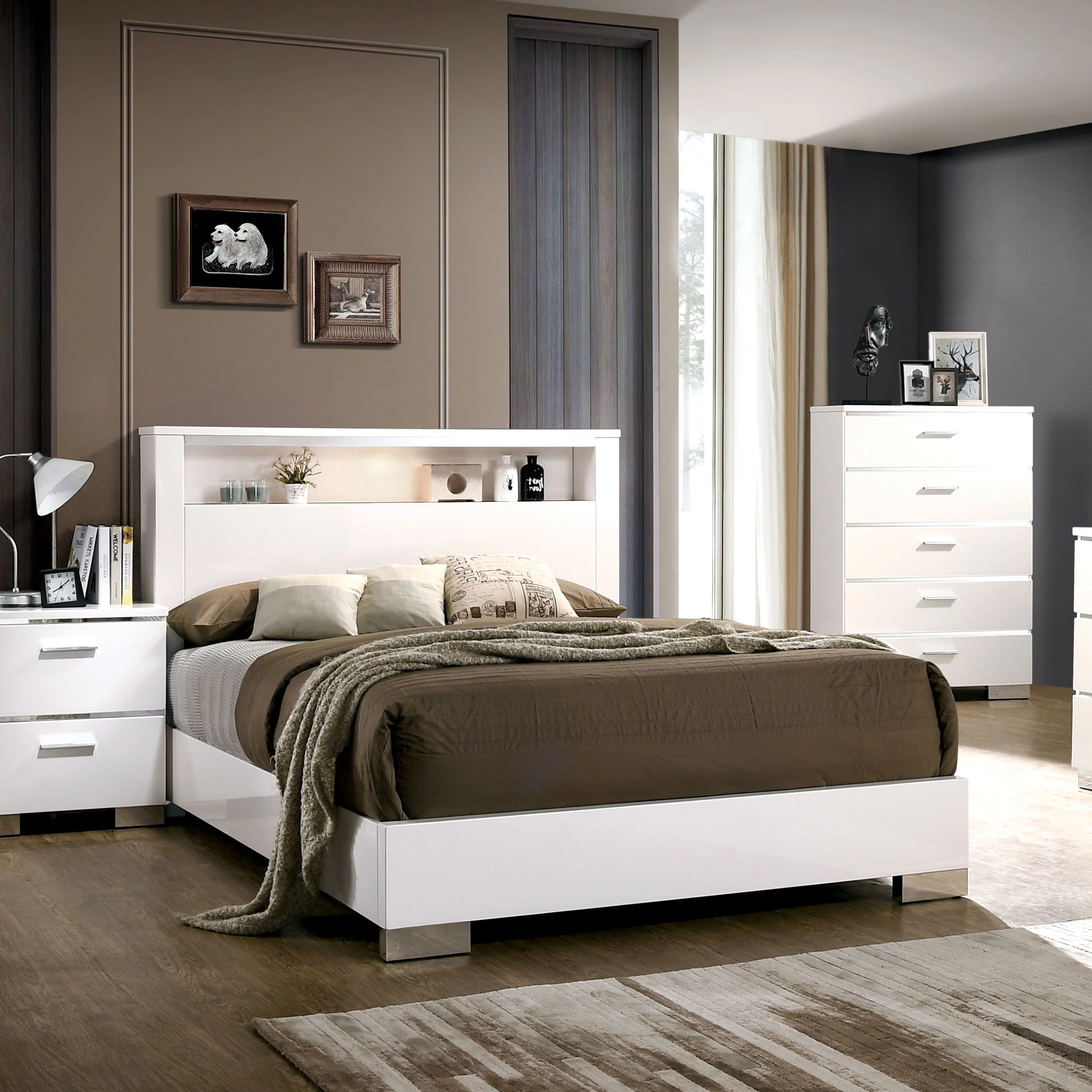 Carbon Loft  Champs White Wood Panel Bed with LED Storage Headboard White Queen