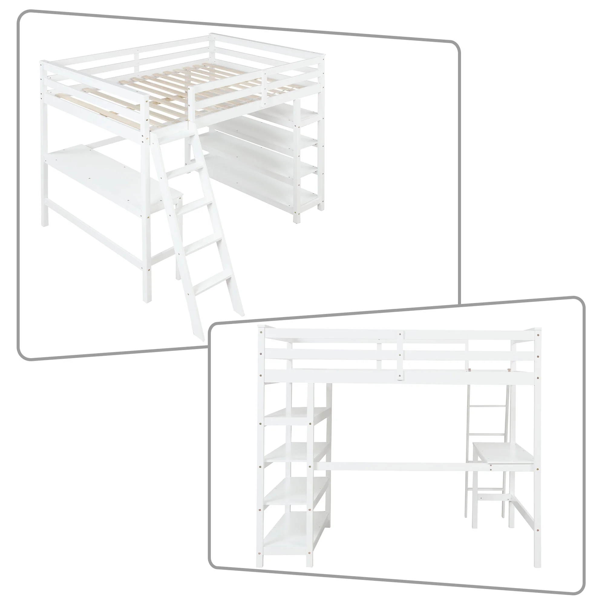Minimalist and Multifunctional Full-size Wooden Loft Bed with A Ladder, A desk and 4 Shelves, White