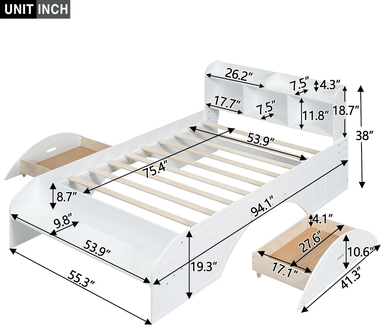 Wood Full Size Bed With Bookcase Headboard, Full Size Platform Bed Frame With 2 Drawers, Storage Headboard And Footboard, No Box Spring Needed, White