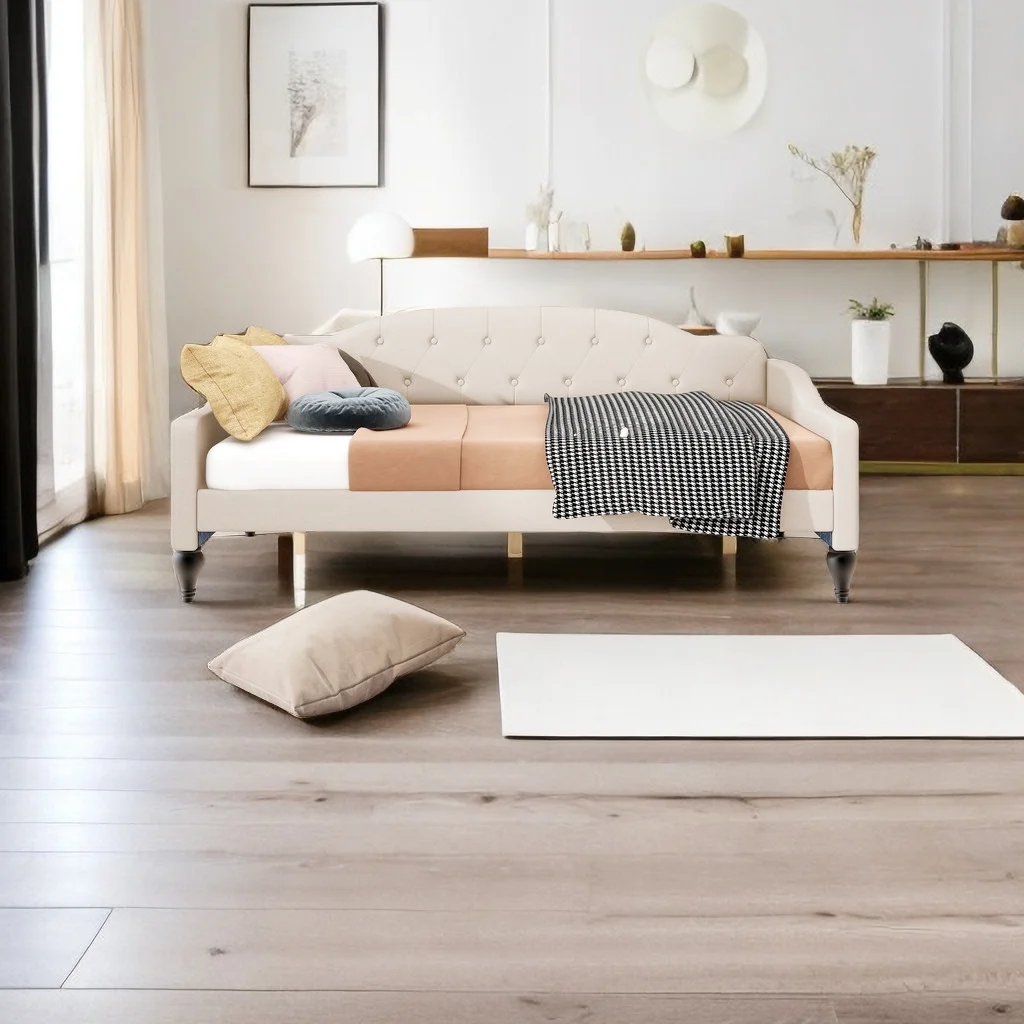 Full Size Upholstered Tufted Daybed with Twin Size Trundle,Linen Upholstered Sofa Bed with Armrest and Wood Slat Support for Living Room Bedroom,No Box Spring Needed